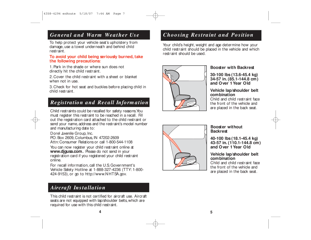 Eddie Bauer enRoute manual General and Warm Weather Use, Registration and Recall Information, Aircraft Installation 