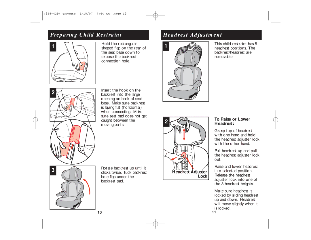 Eddie Bauer enRoute manual Preparing Child Restraint, Headrest Adjustment, To Raise or Lower Headrest 