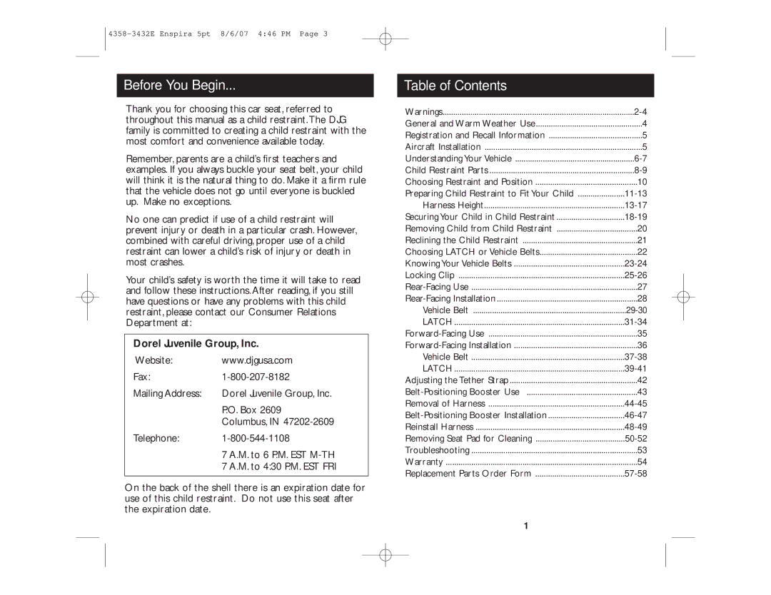 Eddie Bauer Enspira, 4358-3432E manual Before You Begin, Table of Contents 