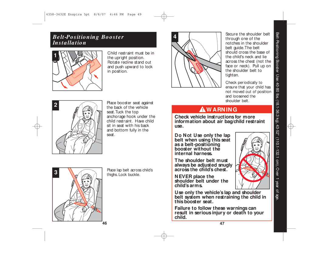 Eddie Bauer 4358-3432E manual Belt-Positioning Booster Installation, Through one, Belt guide.The belt, Childs neck and lie 