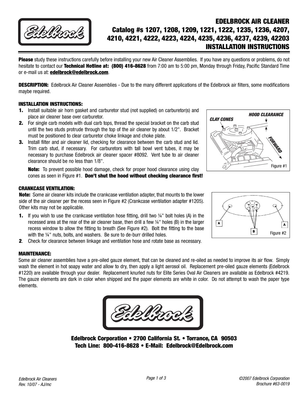 Edelbrock 4236, 1235, 4237, 42203, 1236, 4239 brochure Installation Instructions, Crankcase Ventilation, Maintenance 