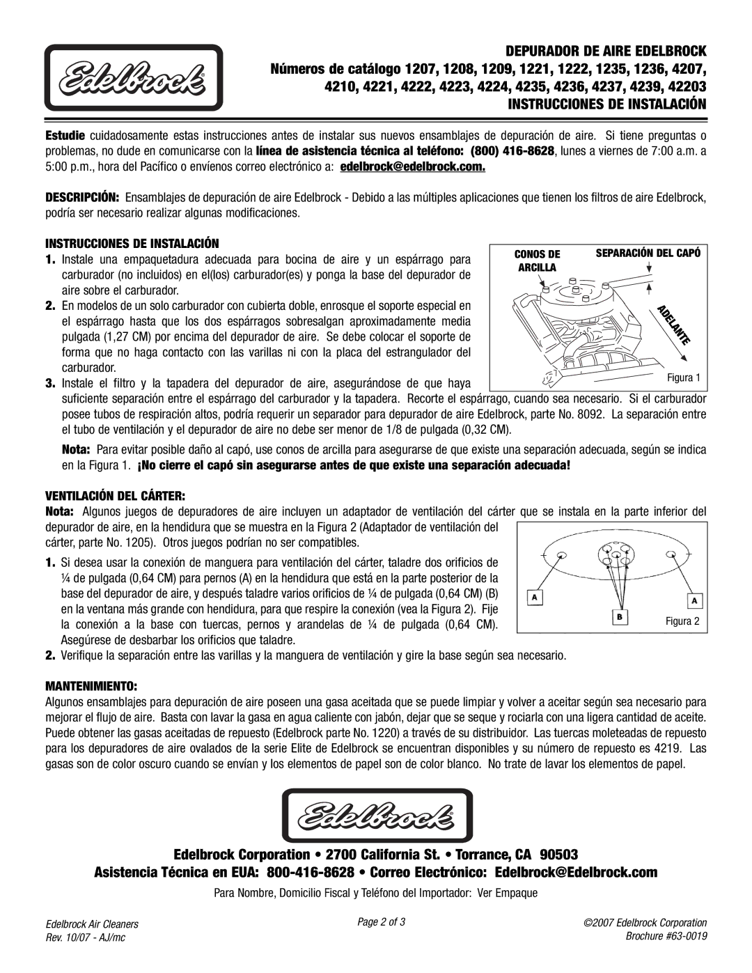 Edelbrock 4237, 1235, 4236, 42203, 1236, 4239 brochure Ventilación DEL Cárter, Mantenimiento 