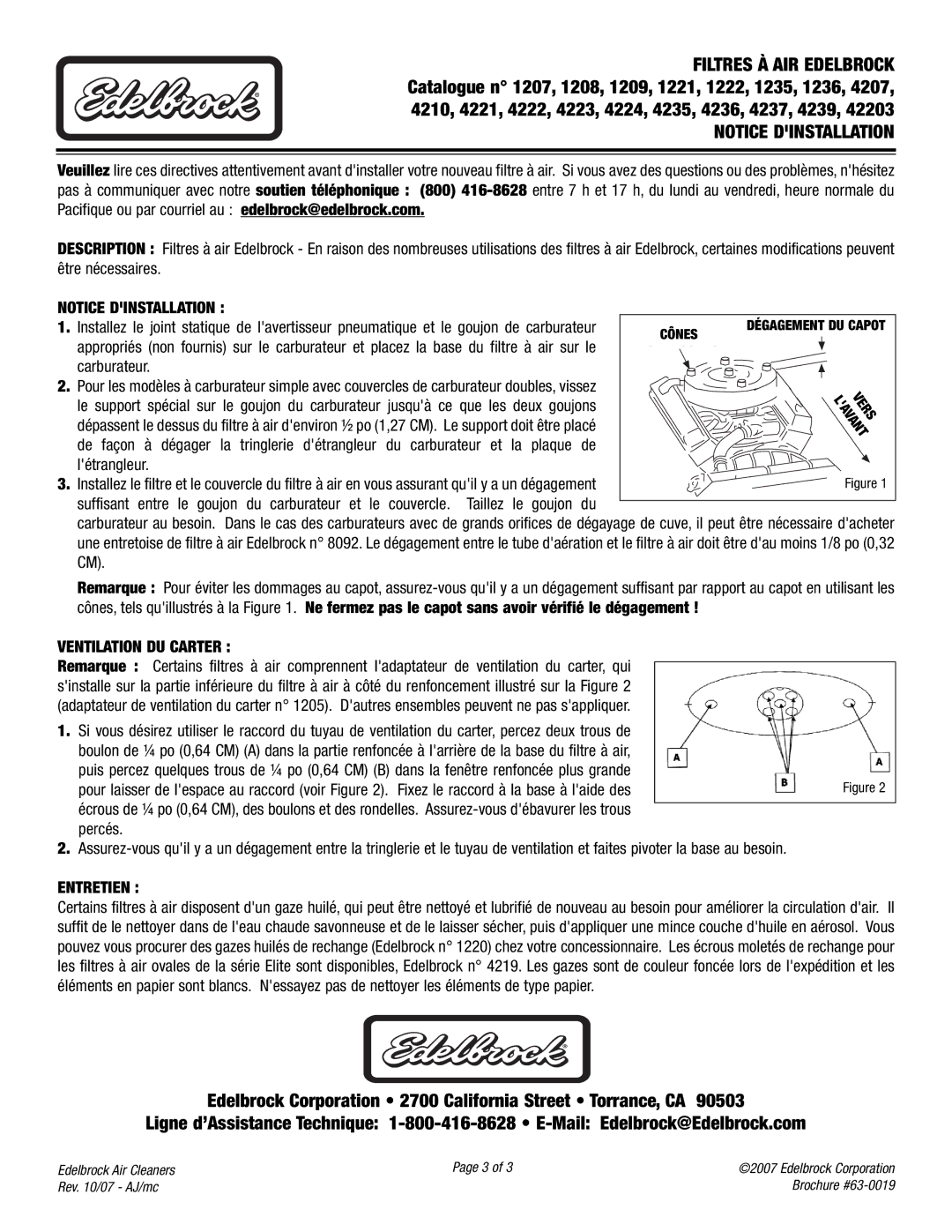 Edelbrock 42203, 1235, 4236, 4237, 1236, 4239 brochure Carburateur, Entretien, Cônes, Ventilation DU Carter 