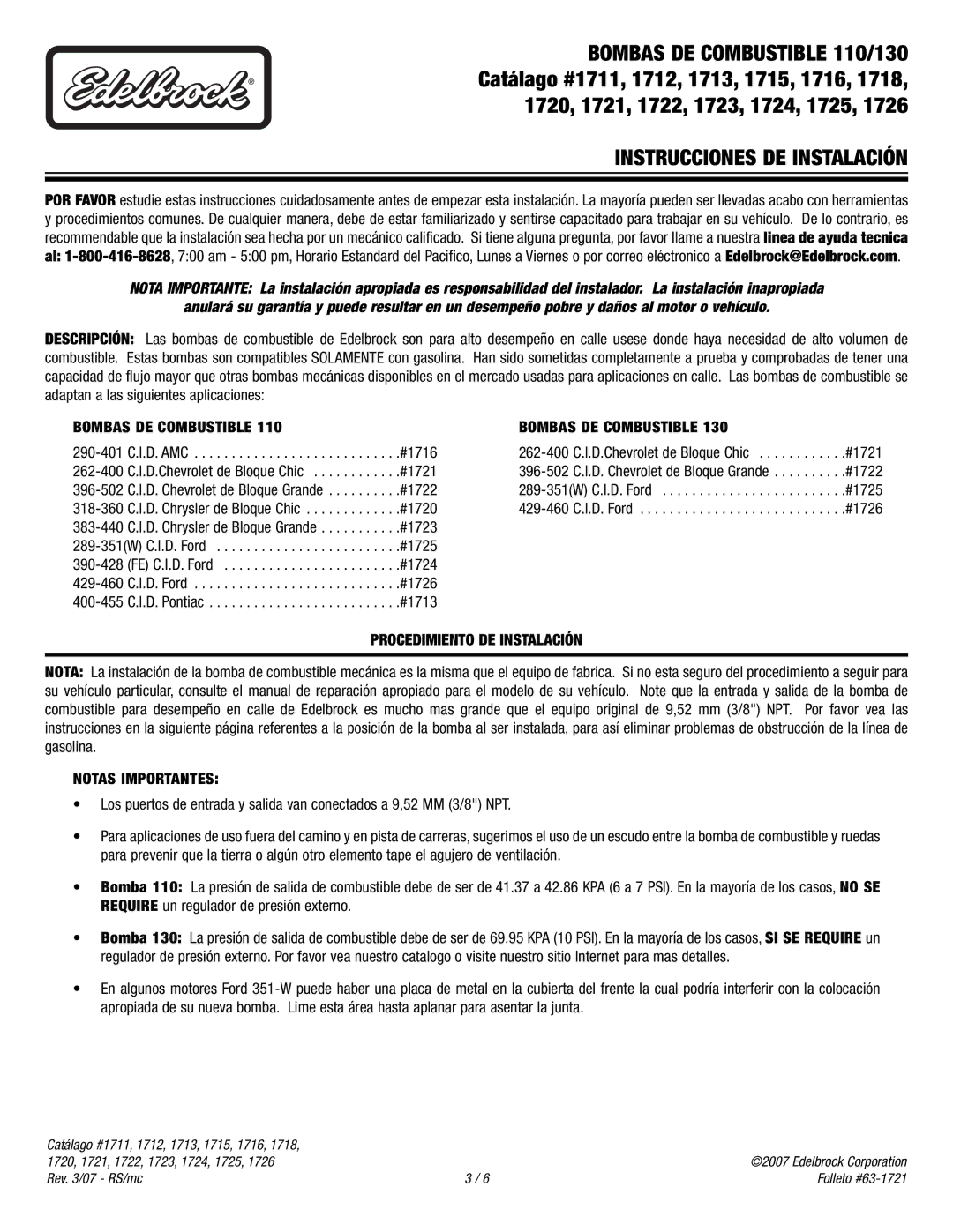 Edelbrock Bombas DE Combustible 110/130, Instrucciones DE Instalación, Procedimiento DE Instalación, Notas Importantes 