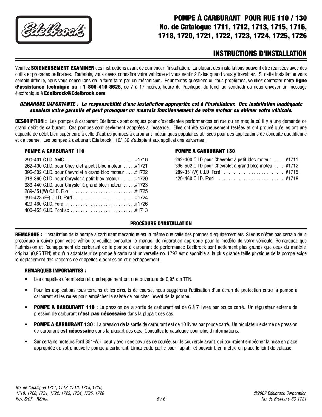 Edelbrock 130 Pompe À Carburant Pour RUE 110, Instructions D’INSTALLATION, Pompe a Carburant, Procédure D’INSTALLATION 