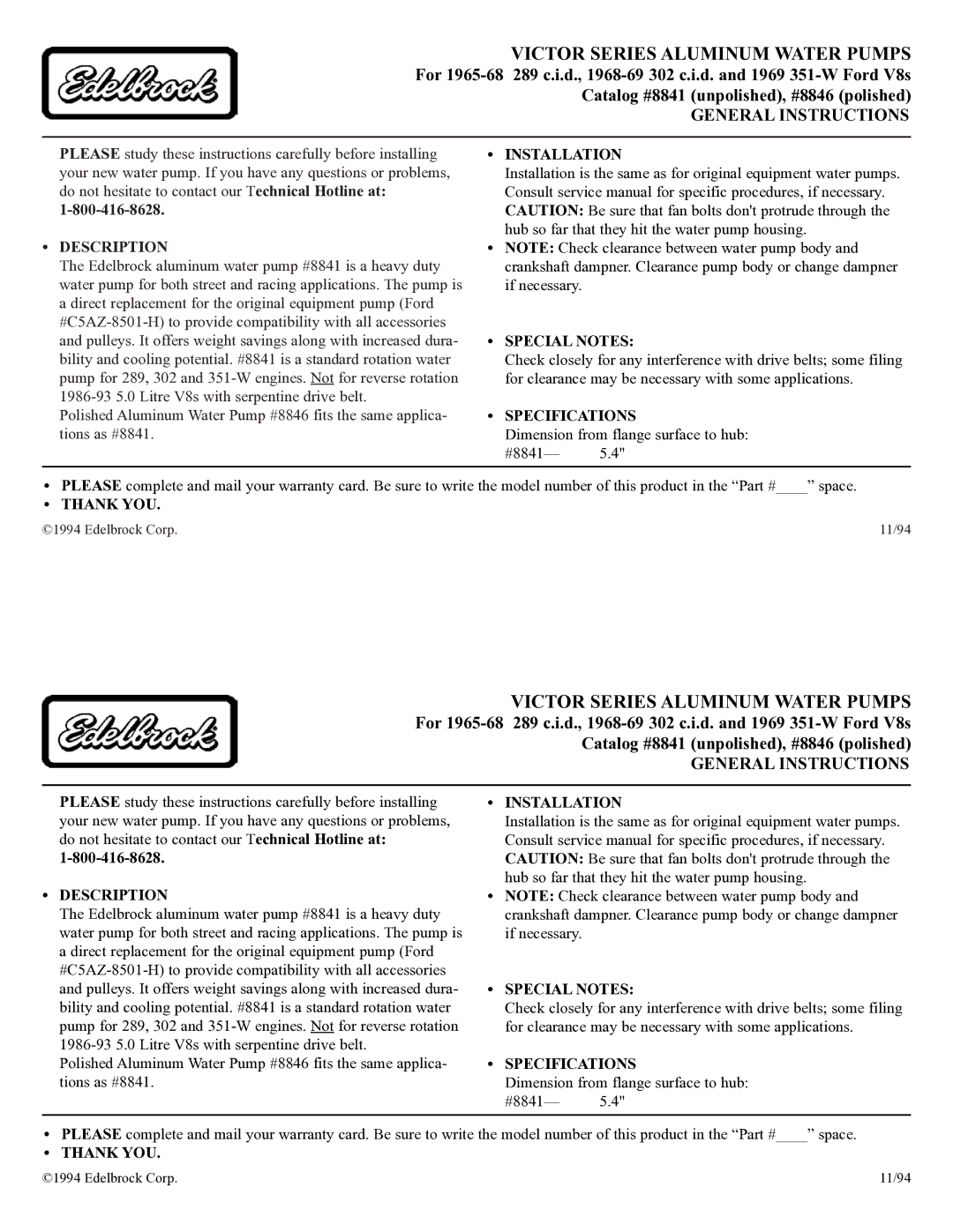 Edelbrock 1968-69 service manual Victor Series Aluminum Water Pumps, General Instructions, Description 