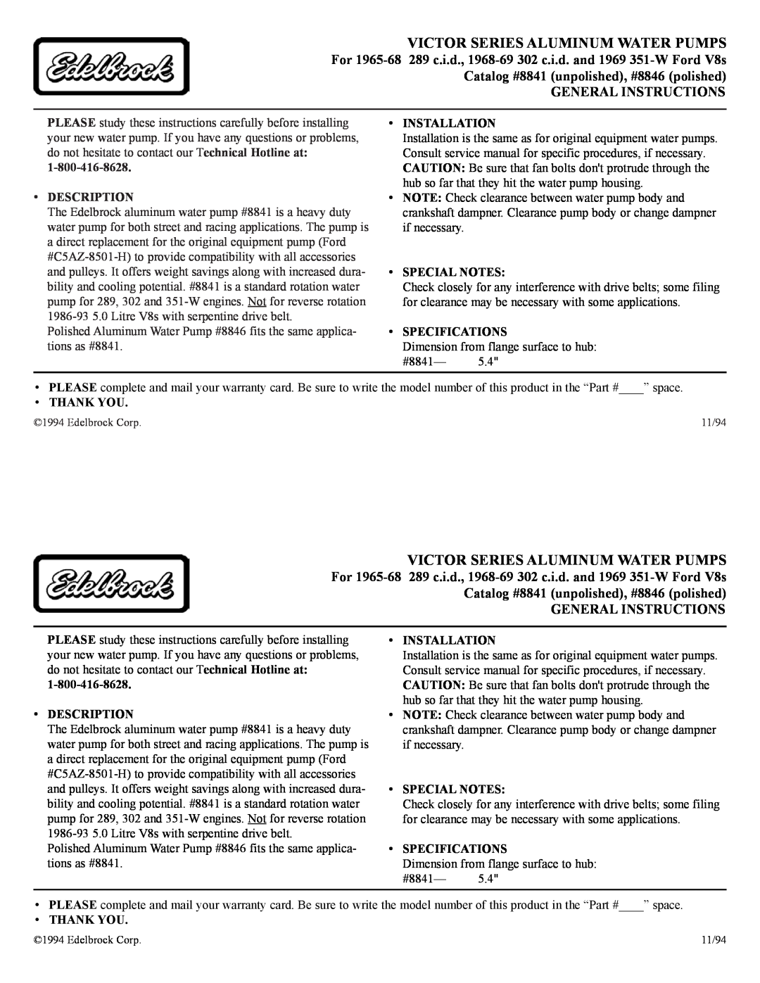 Edelbrock 1968-69 service manual Victor Series Aluminum Water Pumps, General Instructions, Description, Installation 
