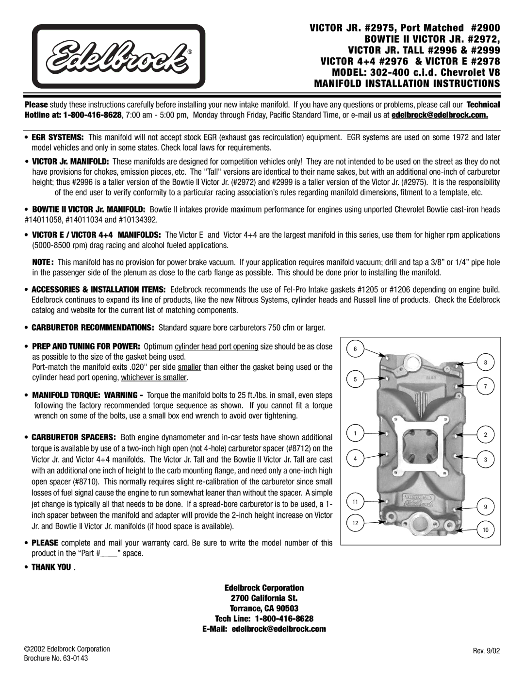 Edelbrock 302-400 C.I.D brochure Manifold Installation Instructions, Thank YOU 