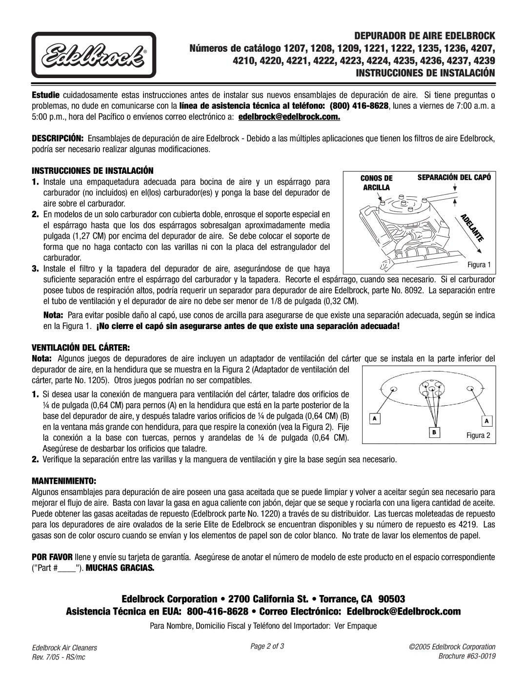 Edelbrock 4220 brochure Ventilación DEL Cárter, Mantenimiento 