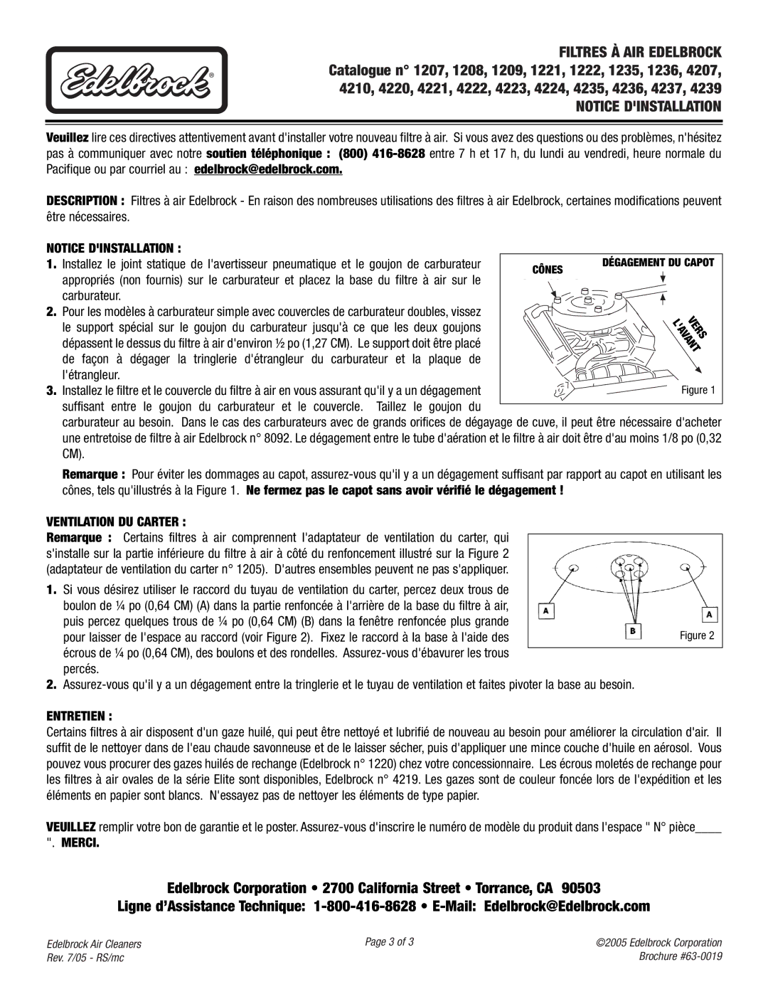 Edelbrock 4220 brochure Filtres À AIR Edelbrock, Carburateur, Entretien, Merci 