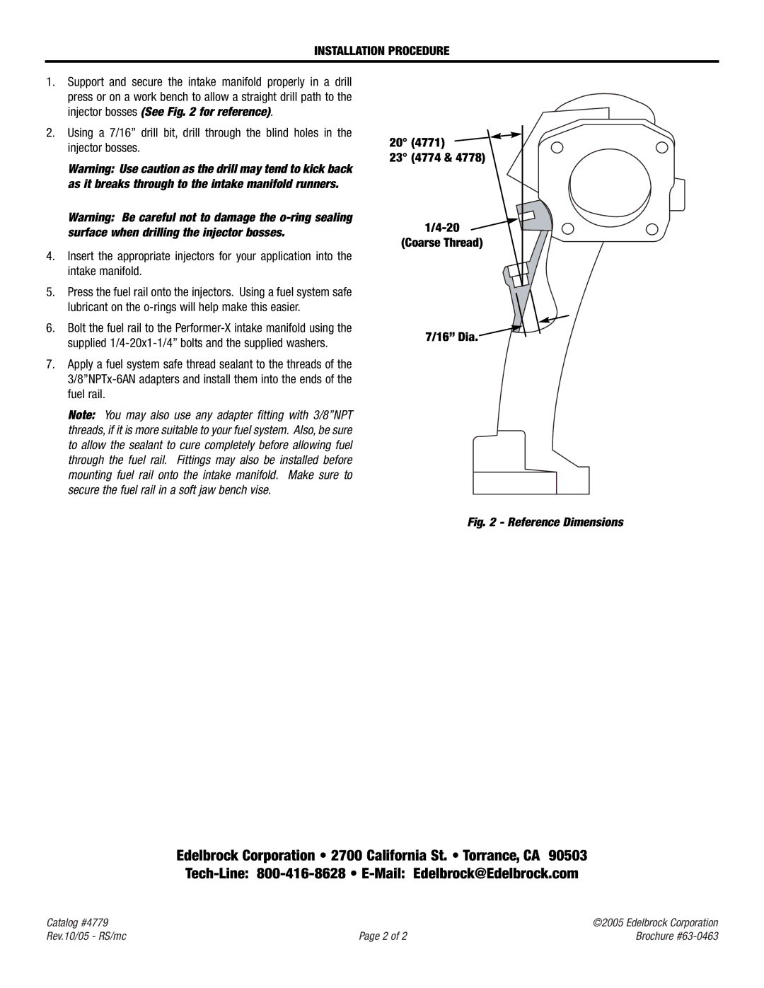 Edelbrock 4779 brochure Installation Procedure, 20 4771 23 4774 Coarse Thread 16 Dia 