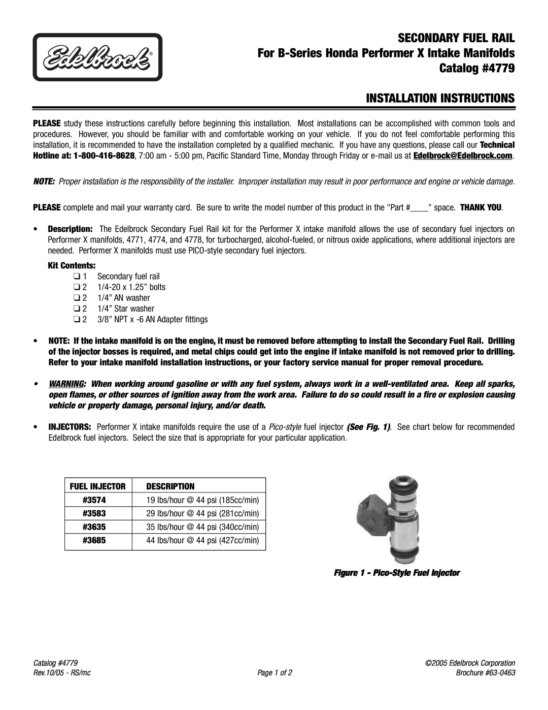 Edelbrock brochure Kit Contents, Description, #3574, #3583, #3635, #3685, Pico-Style Fuel Injector, Catalog #4779 
