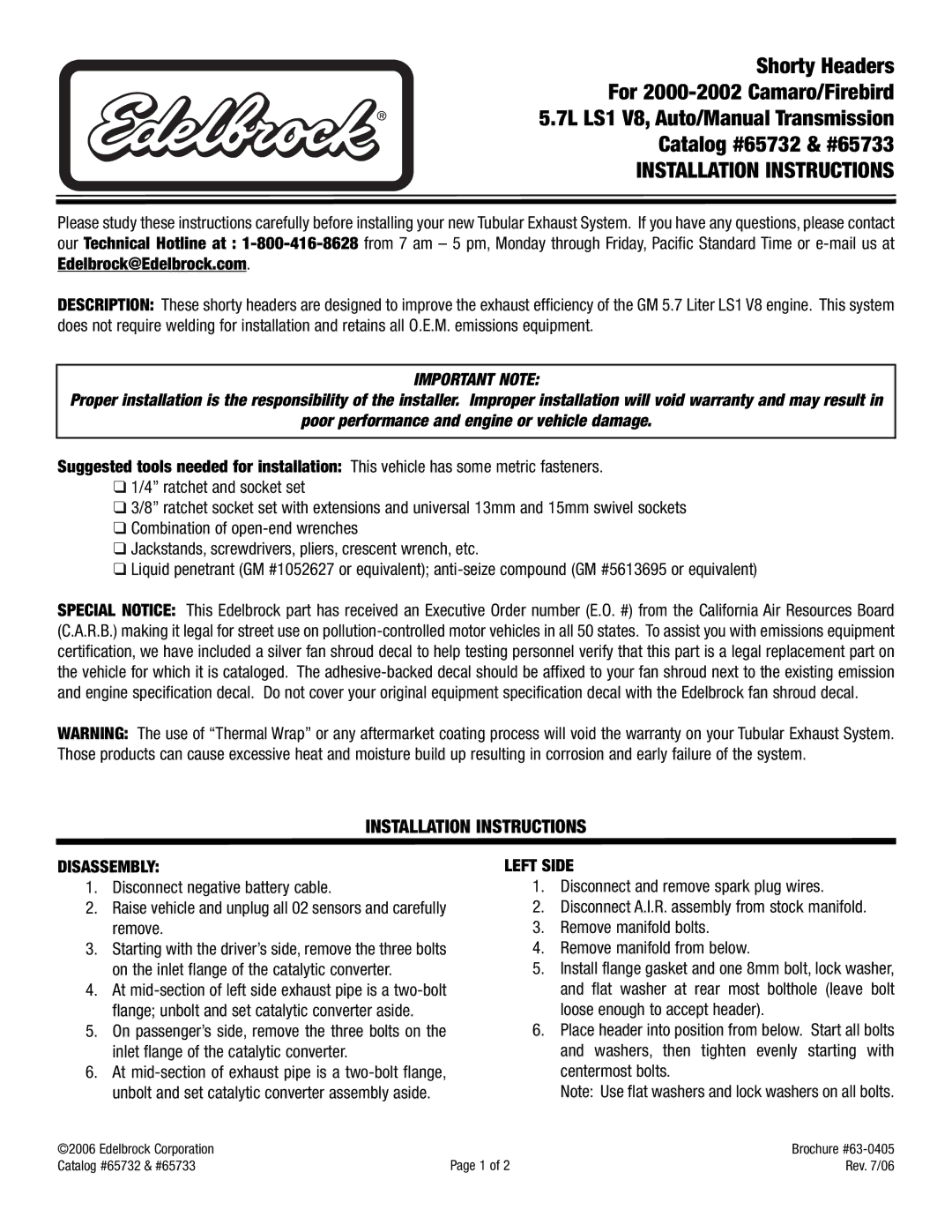 Edelbrock 65732 installation instructions Installation Instructions, Disassembly, Left Side 