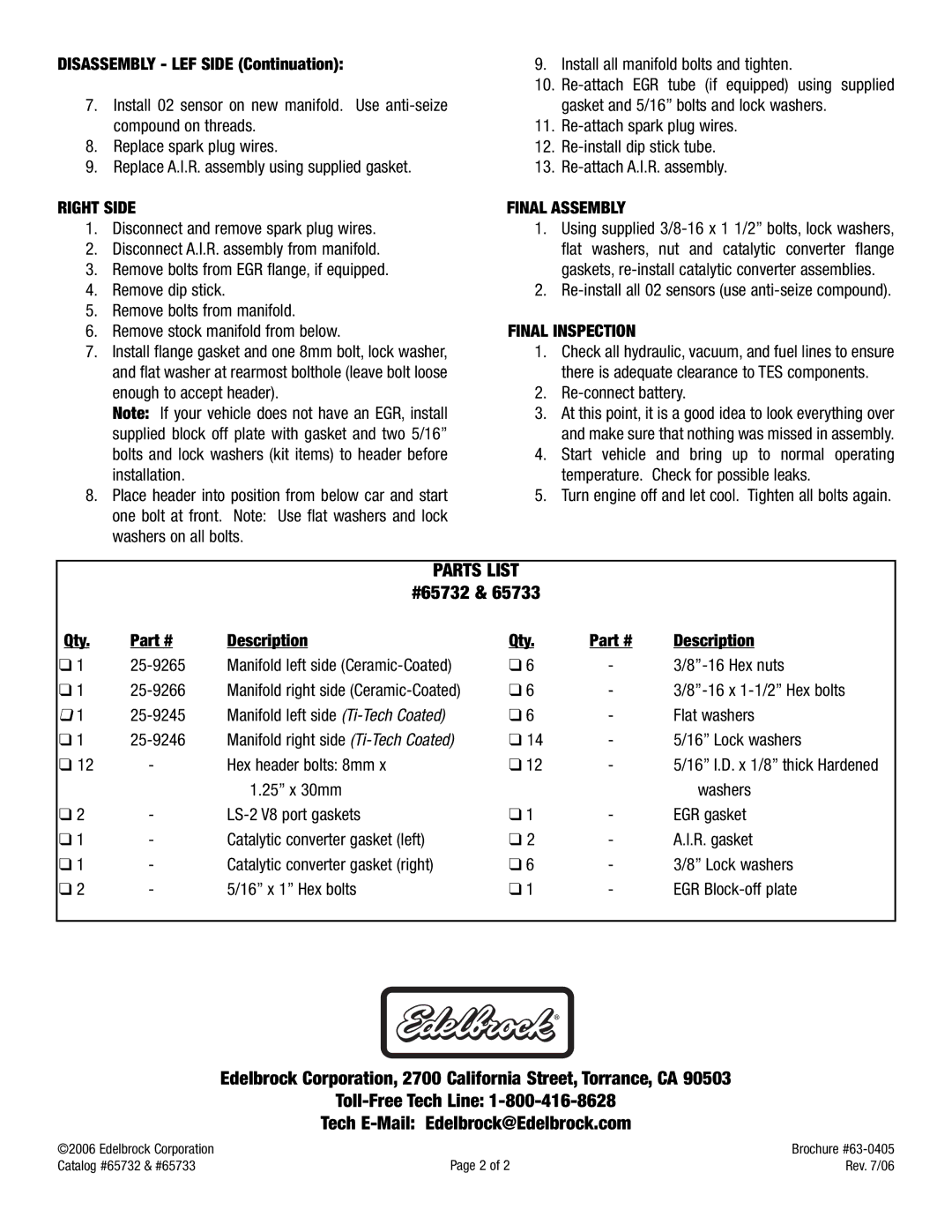 Edelbrock 65732 installation instructions Parts List, Right Side, Final Assembly, Final Inspection 