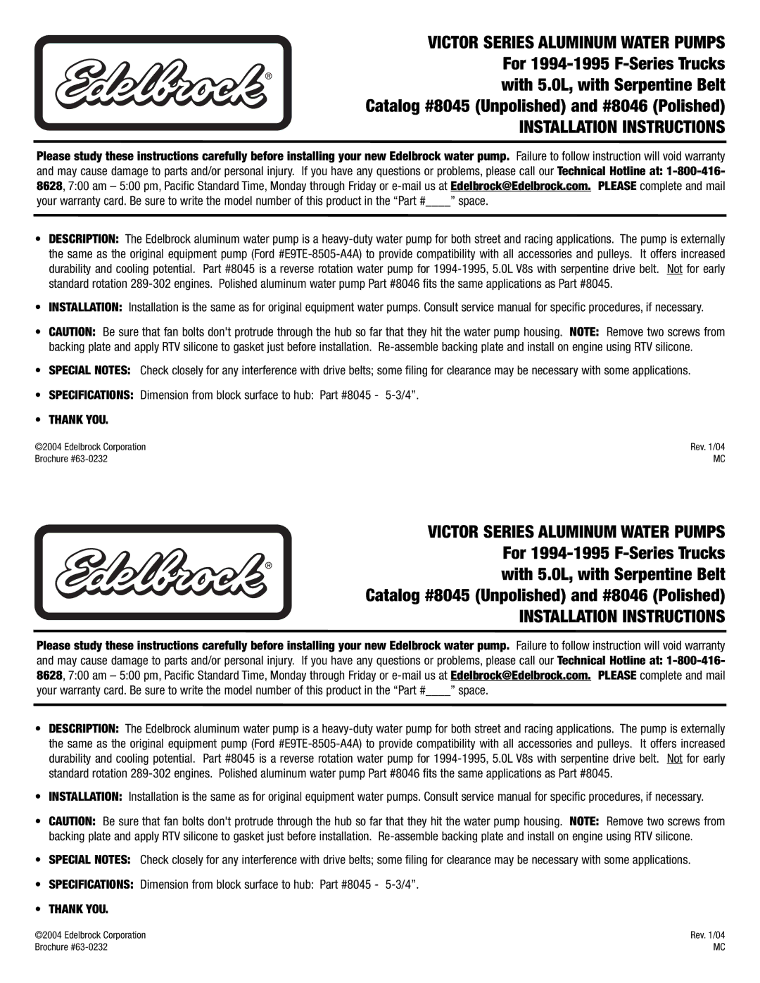 Edelbrock brochure Catalog #8045 Unpolished and #8046 Polished, Installation Instructions 