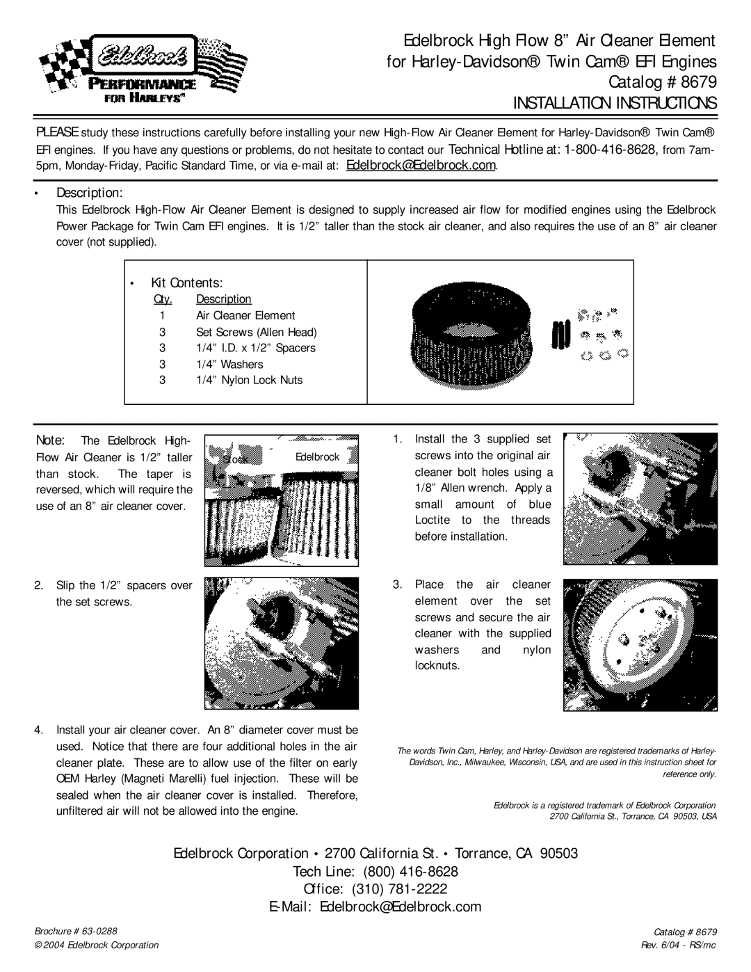 Edelbrock 8679 installation instructions Installation Instructions, Description, Kit Contents 