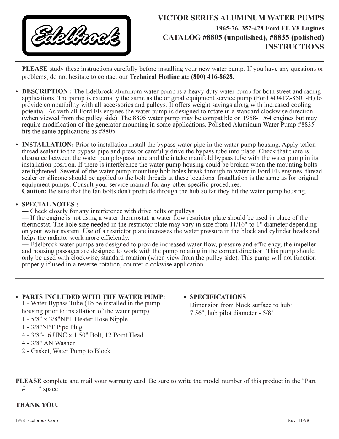 Edelbrock 8805, 8835 warranty Victor Series Aluminum Water Pumps, Instructions, Special Notes, Specifications, Thank YOU 