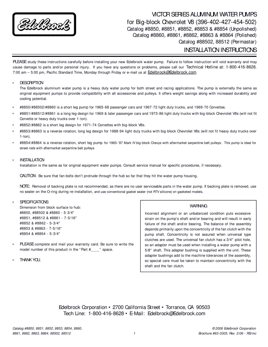 Edelbrock 8863, 8864, 8862, 8852, 8851, 8853 installation instructions Description, Installation Specifications, Thank YOU 