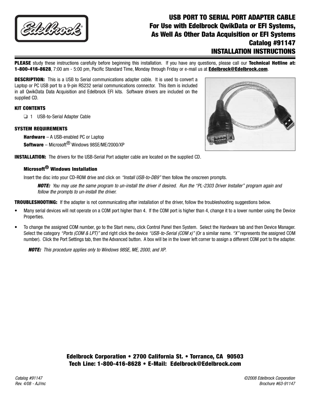 Edelbrock 91147 brochure Installation Instructions, KIT Contents, System Requirements, Microsoft Windows Installation 