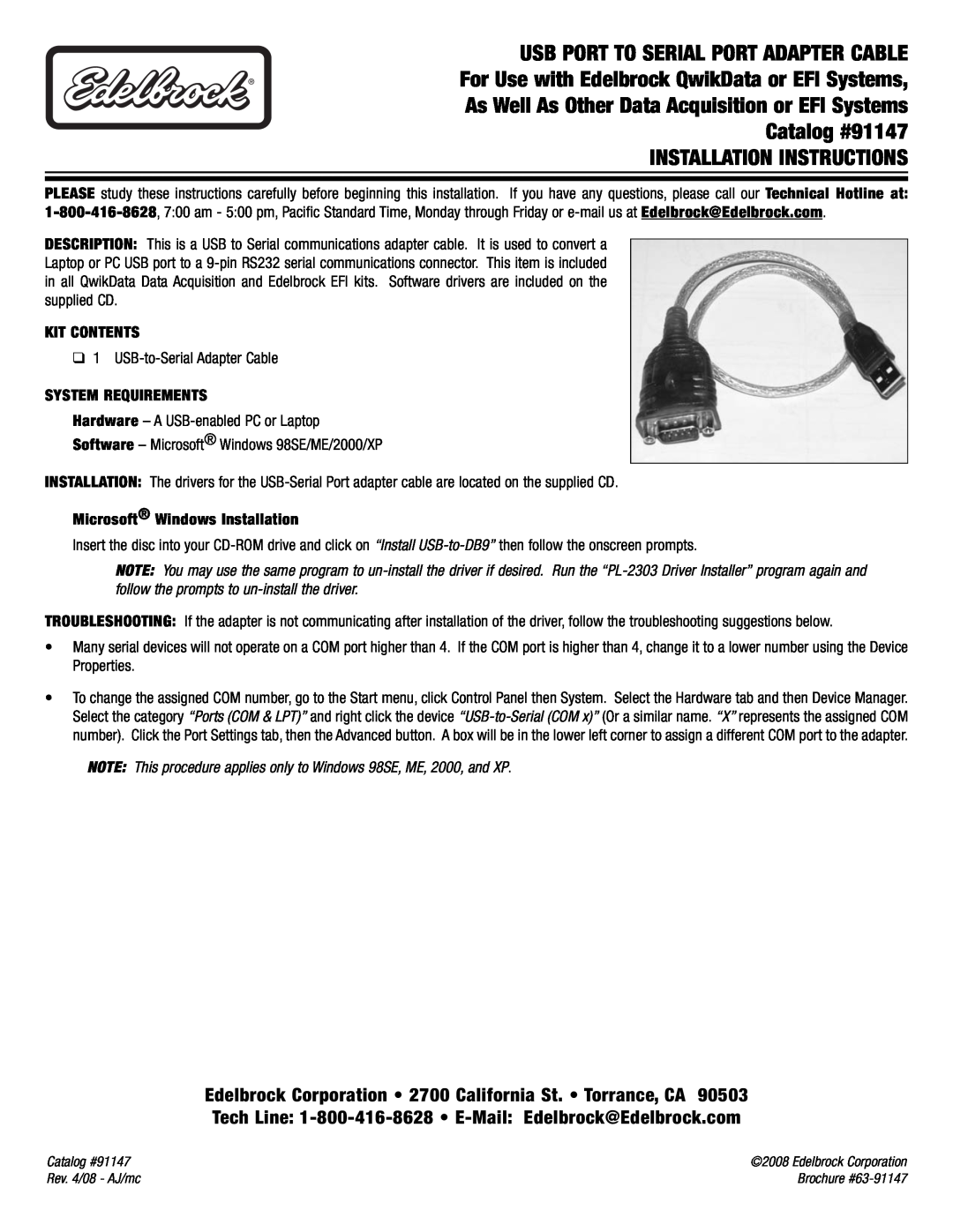 Edelbrock 91147 brochure Installation Instructions, Usb Port To Serial Port Adapter Cable, Kit Contents 