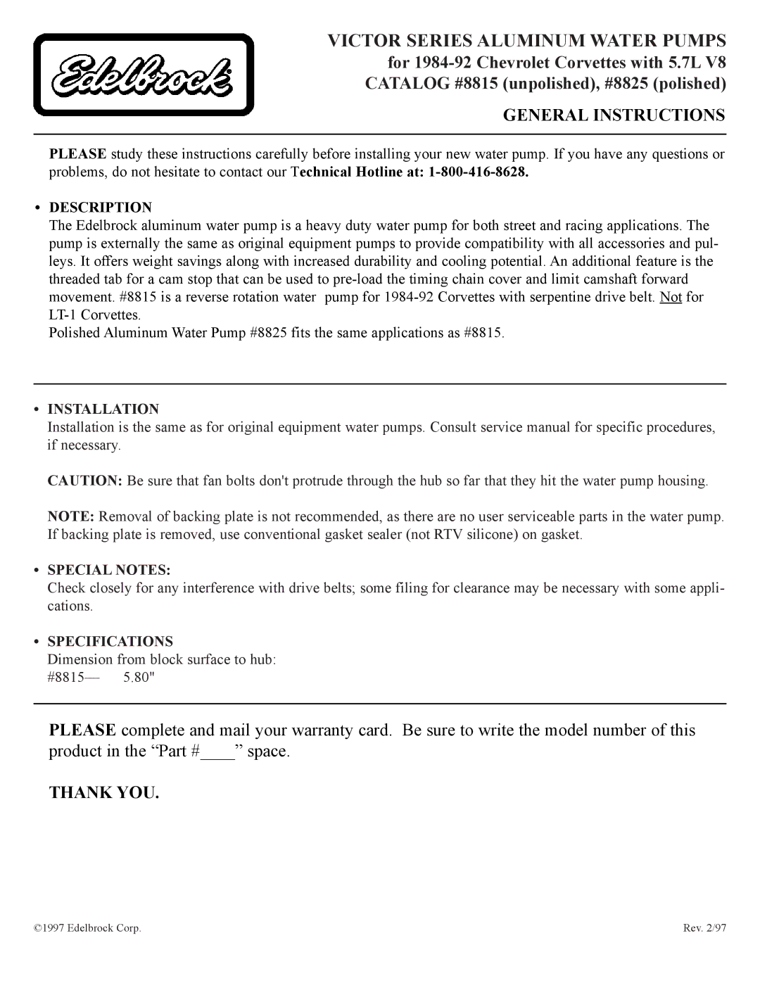 Edelbrock service manual Victor Series Aluminum Water Pumps, General Instructions, Thank YOU, Specifications 