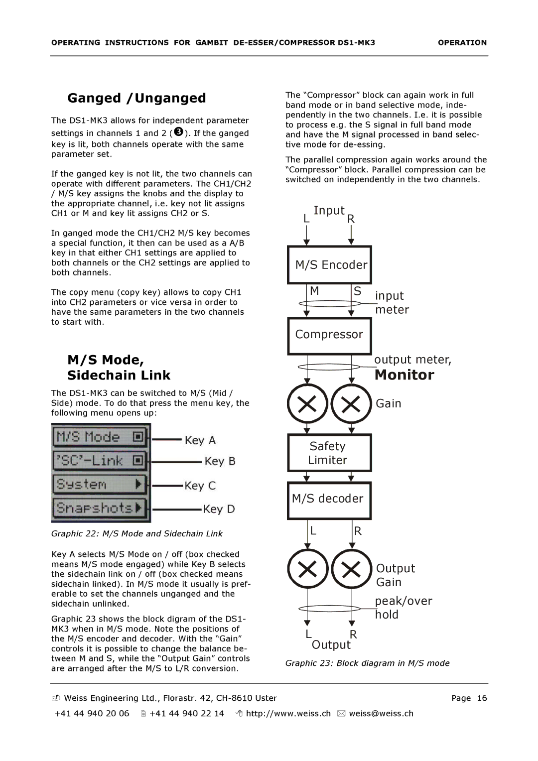 Edelweiss DS1-MK3 manual Ganged /Unganged, Mode Sidechain Link 