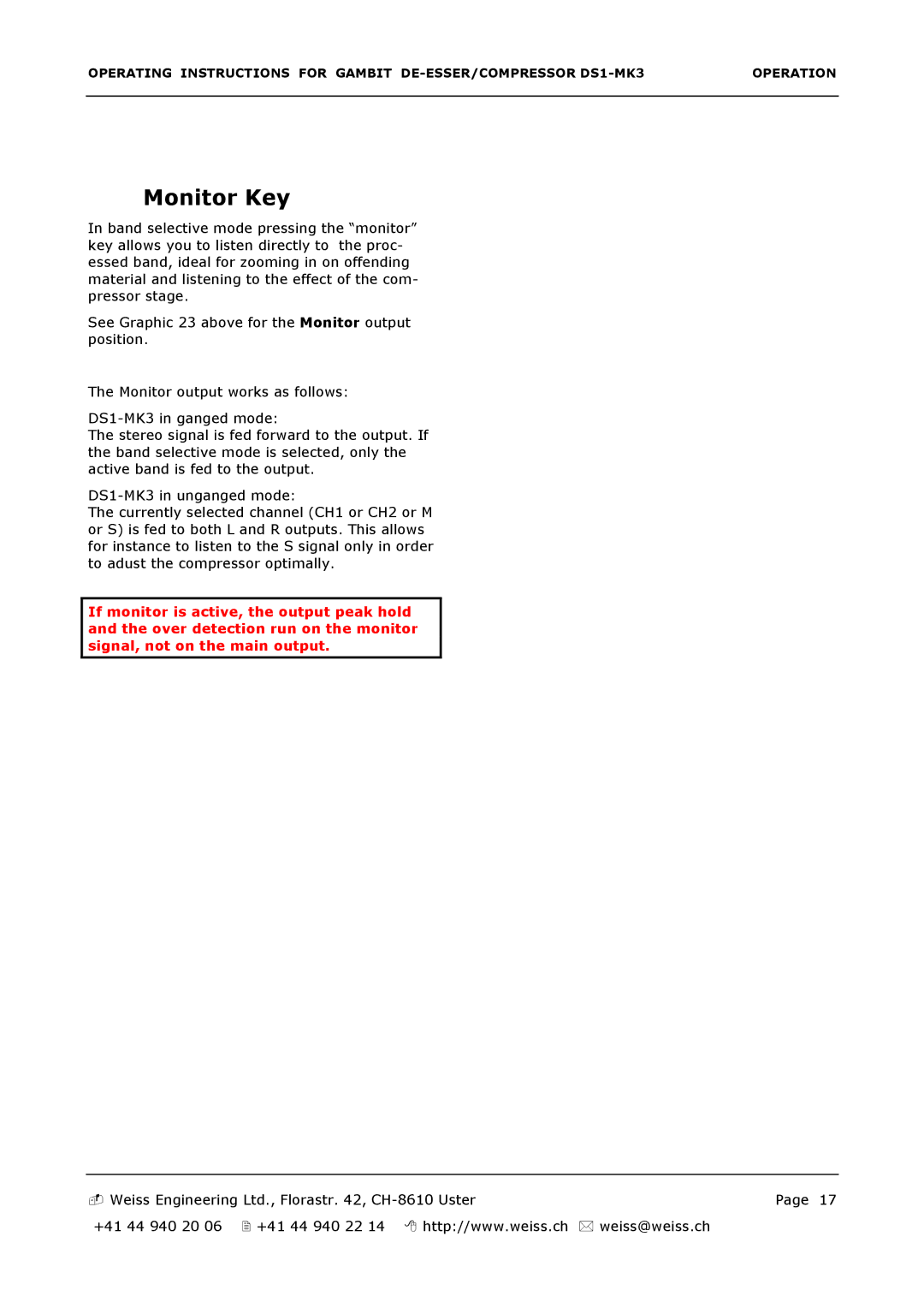 Edelweiss DS1-MK3 manual Monitor Key 