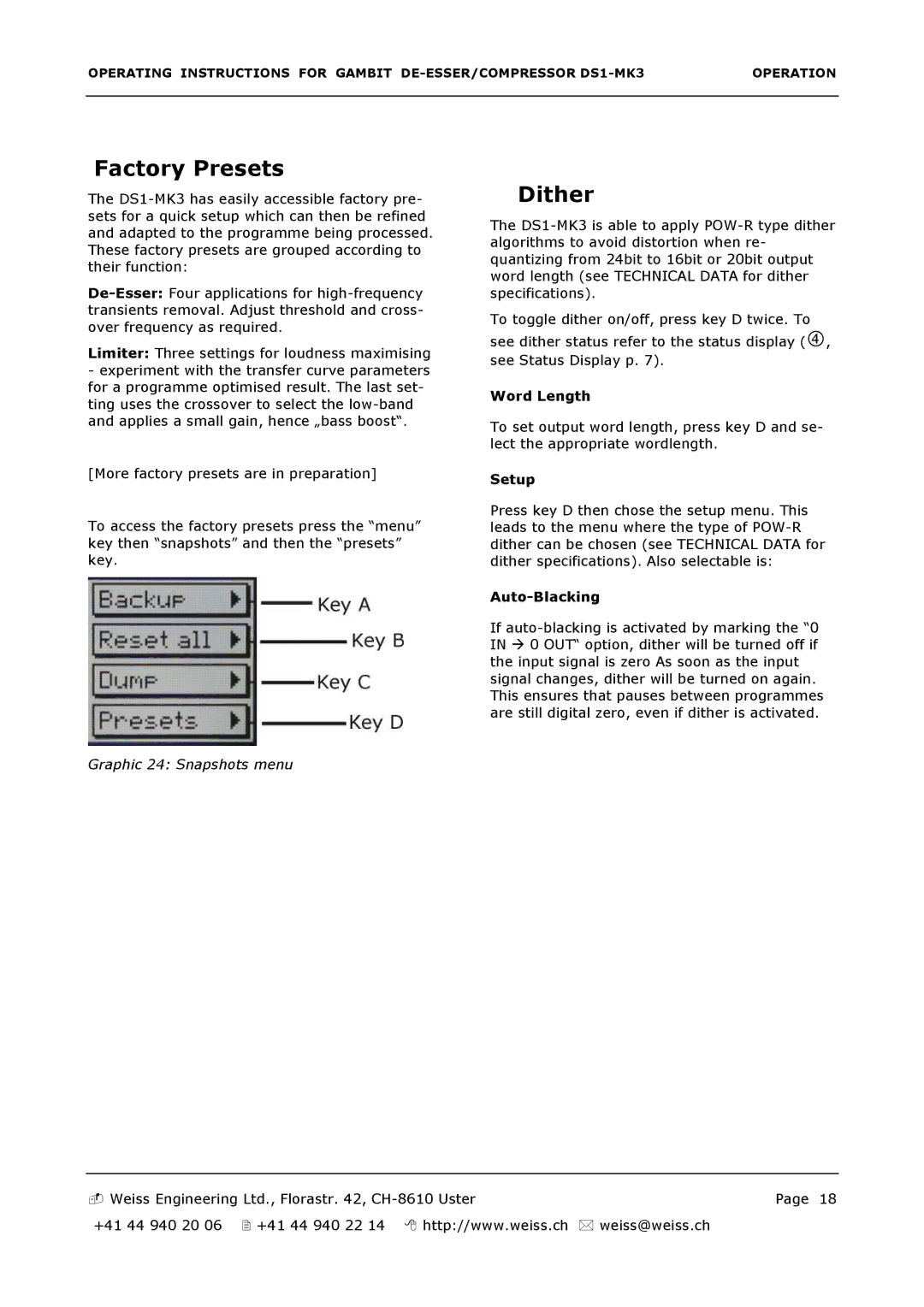 Edelweiss DS1-MK3 manual Factory Presets, Dither 