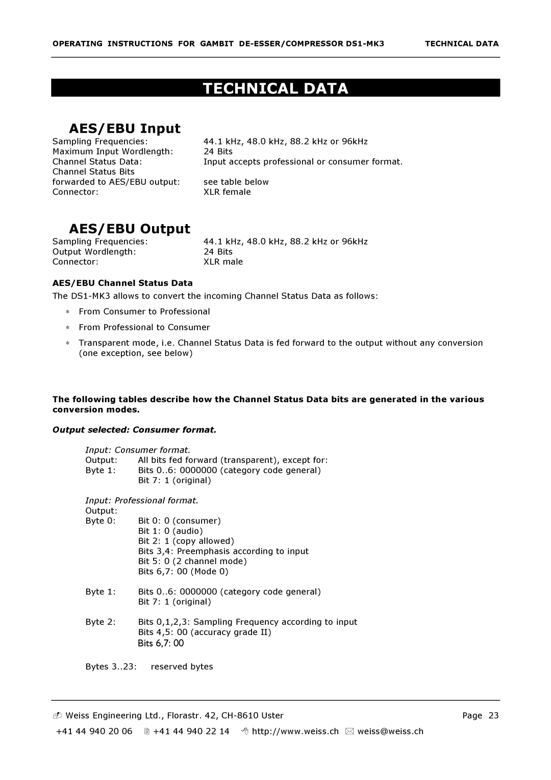 Edelweiss DS1-MK3 manual AES/EBU Input, AES/EBU Output 