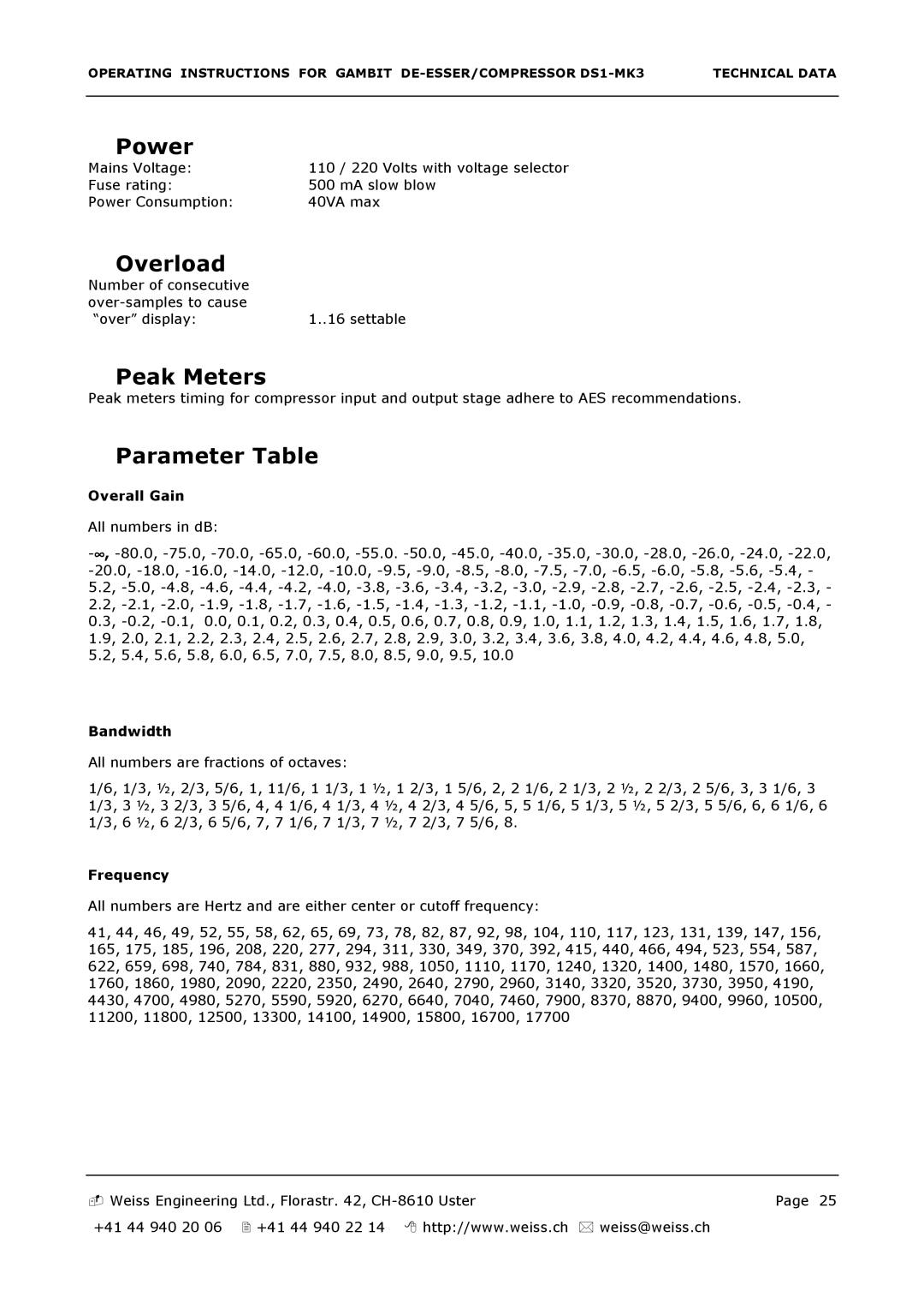 Edelweiss DS1-MK3 manual Power, Overload, Peak Meters, Parameter Table 