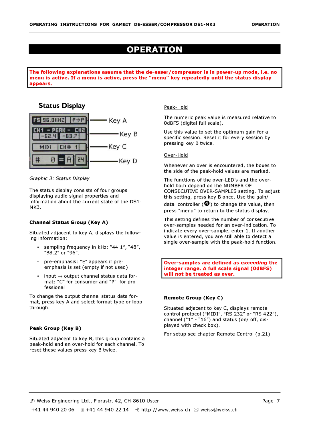 Edelweiss DS1-MK3 manual Operation, Status Display 