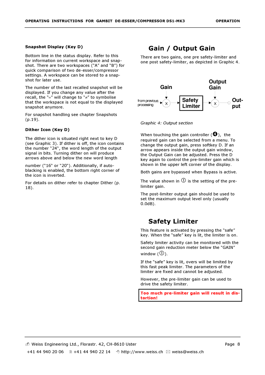 Edelweiss DS1-MK3 manual Gain / Output Gain, Safety Limiter 