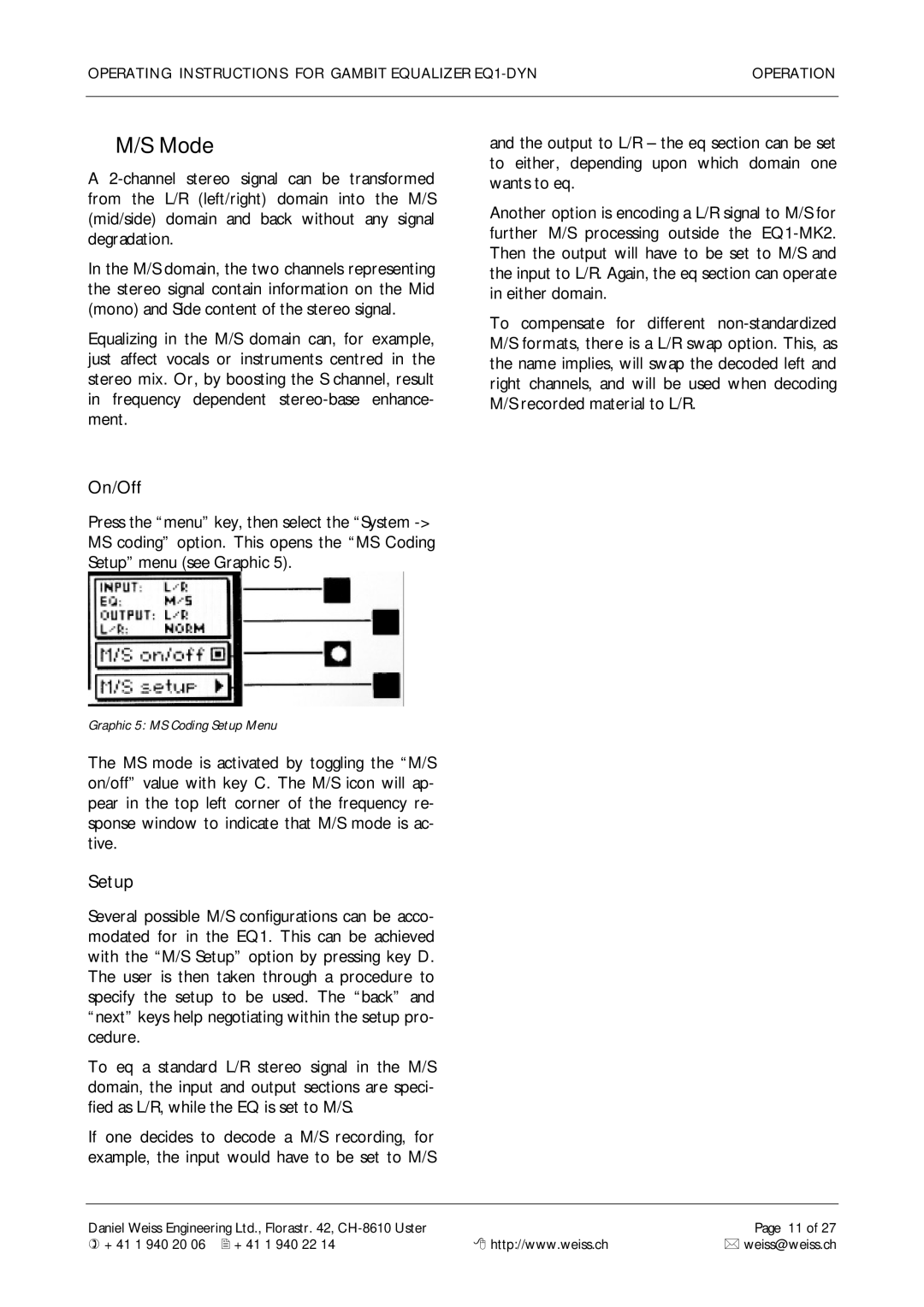 Edelweiss EQ1-DYN manual Mode, On/Off, Setup 