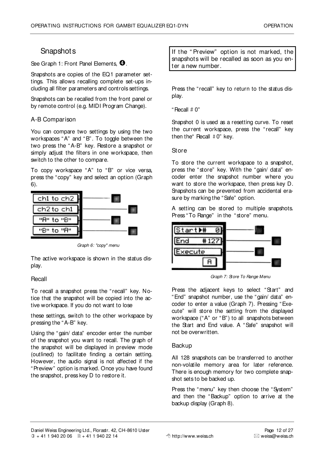 Edelweiss EQ1-DYN manual Comparison, Recall, Store, Backup 