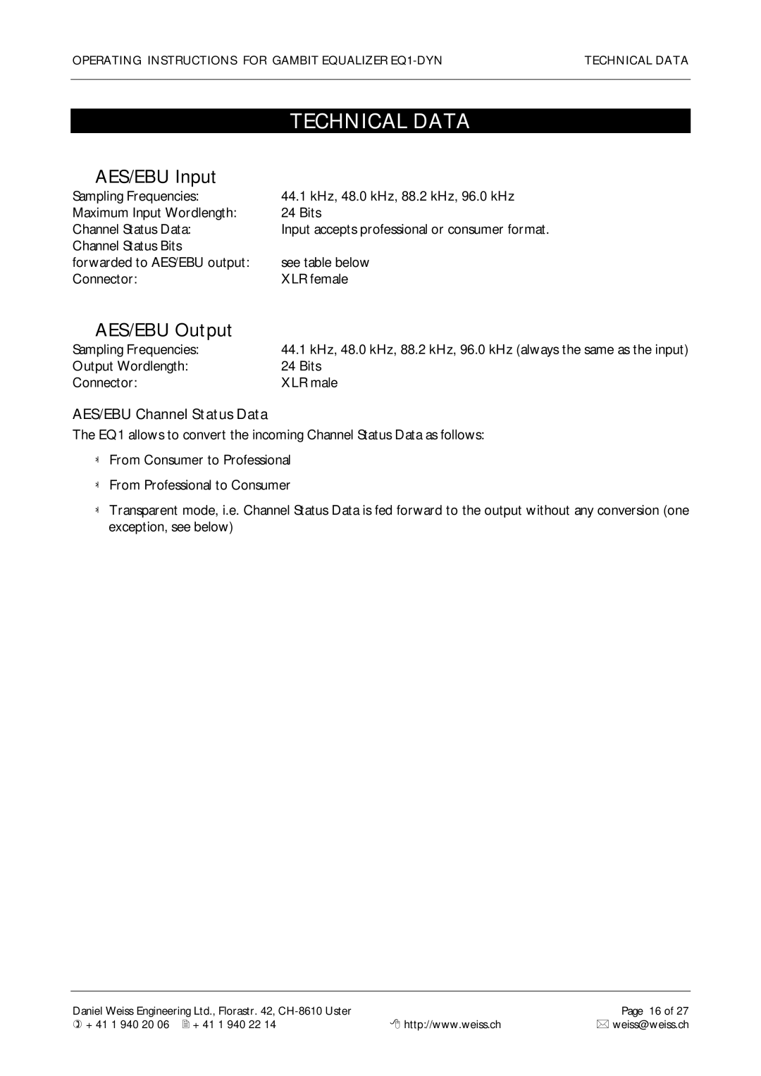 Edelweiss EQ1-DYN manual Technical Data, AES/EBU Input, AES/EBU Output, AES/EBU Channel Status Data 