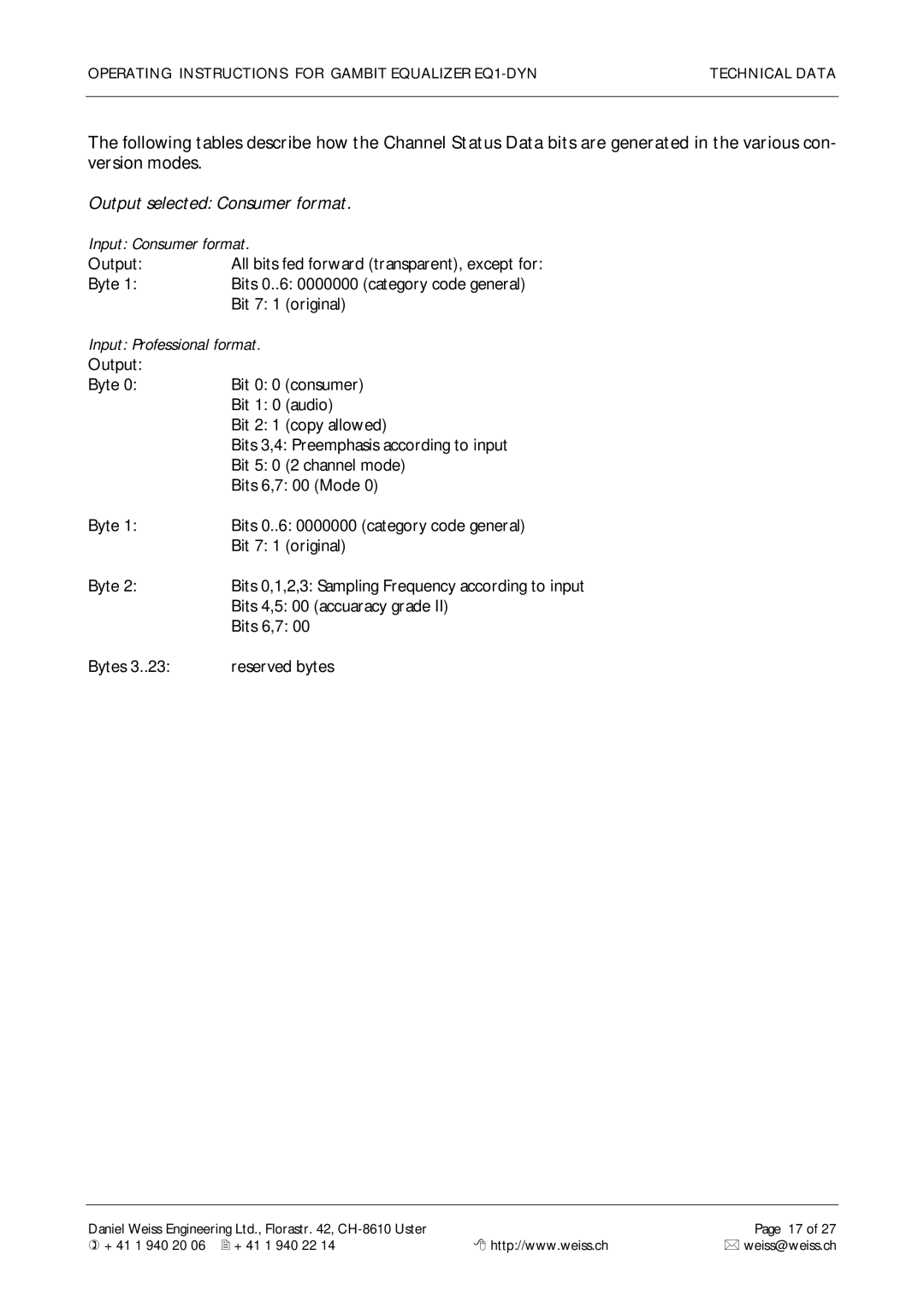 Edelweiss EQ1-DYN manual Output selected Consumer format 