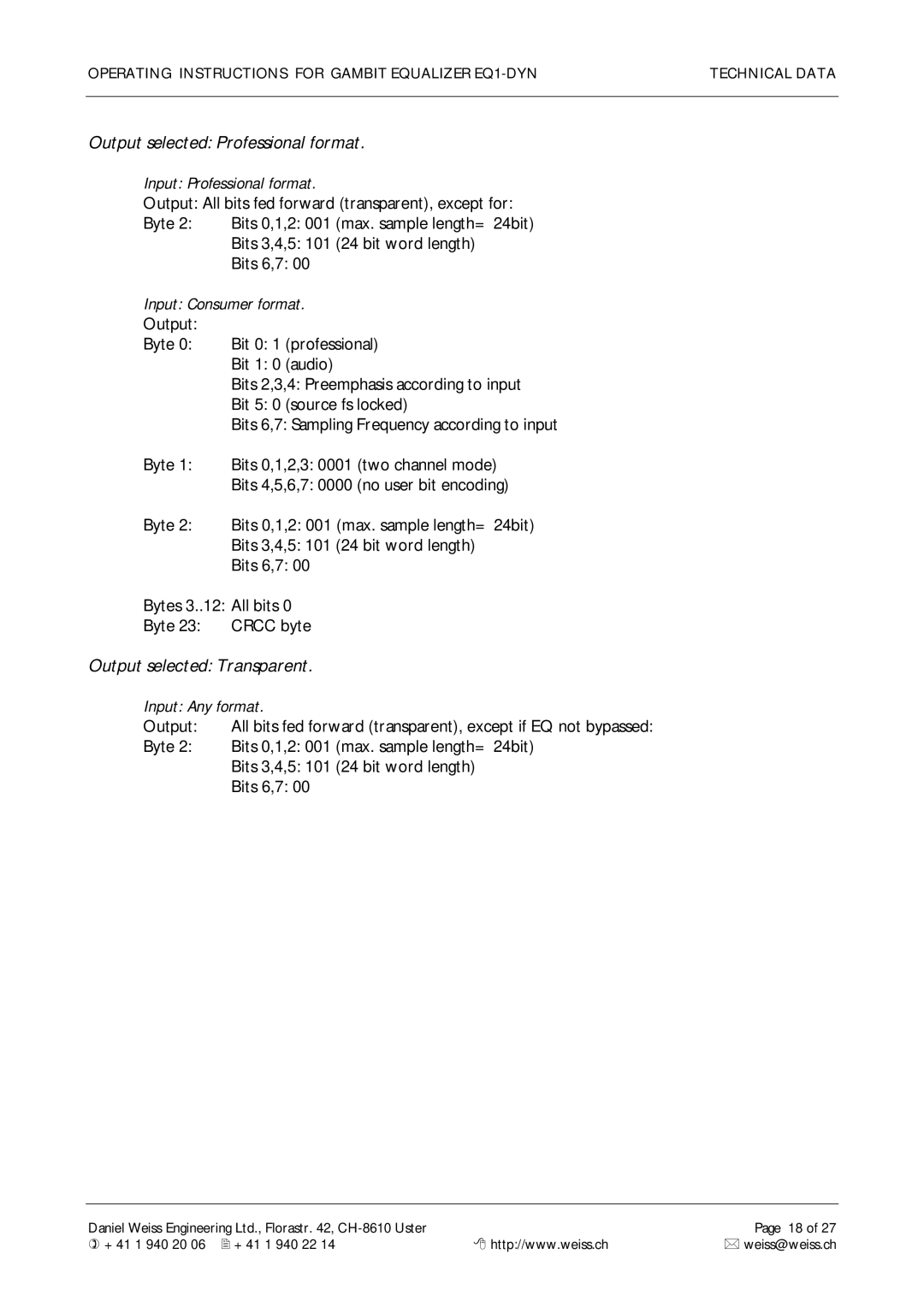 Edelweiss EQ1-DYN manual Output selected Professional format 