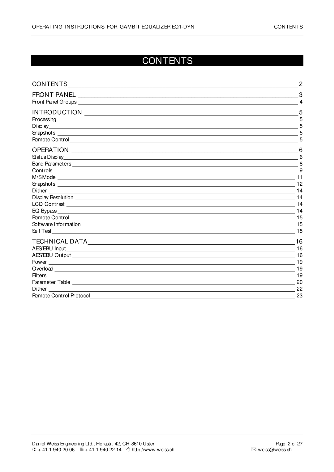 Edelweiss EQ1-DYN manual Contents 