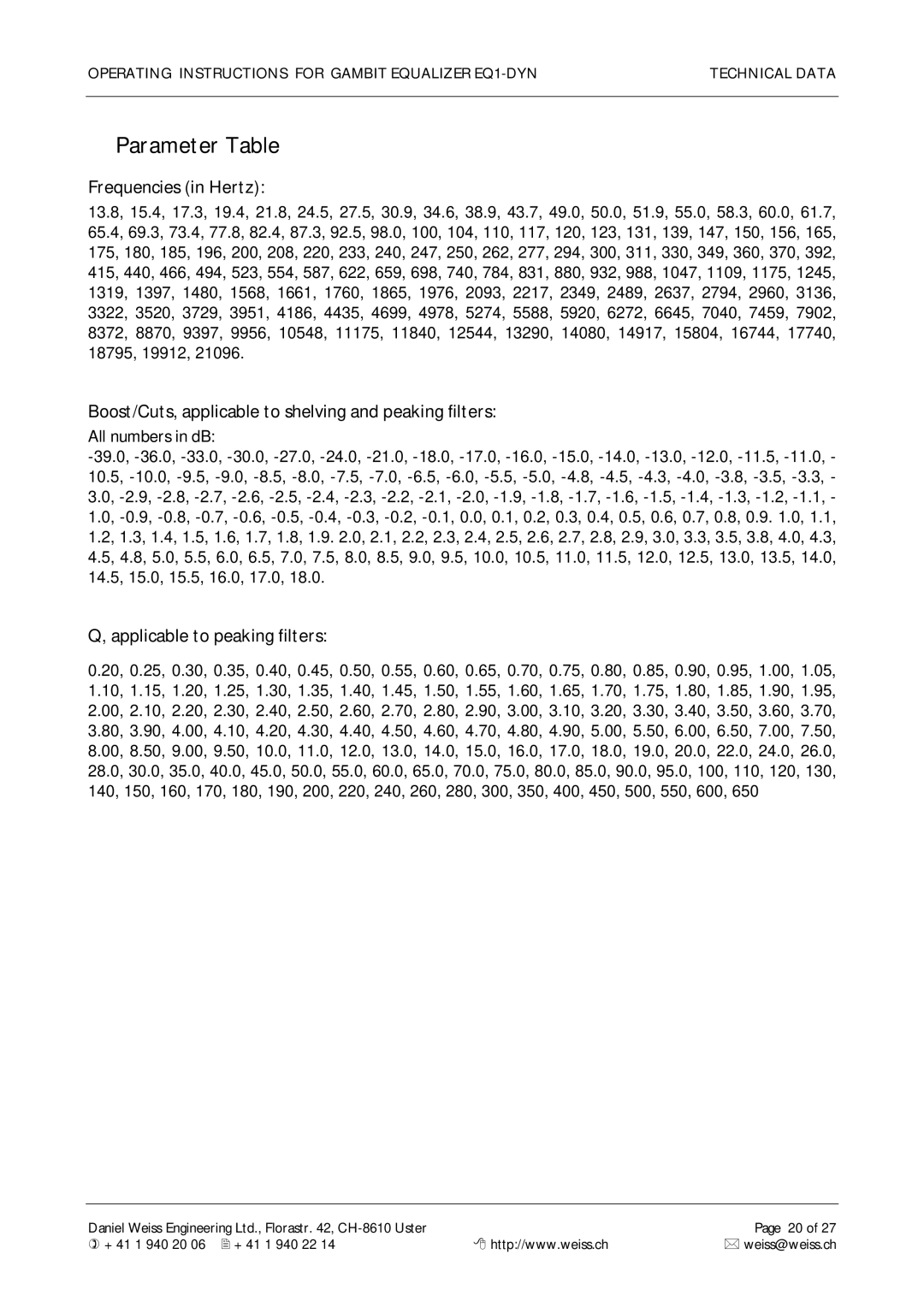 Edelweiss EQ1-DYN manual Parameter Table, Frequencies in Hertz, Boost/Cuts, applicable to shelving and peaking filters 