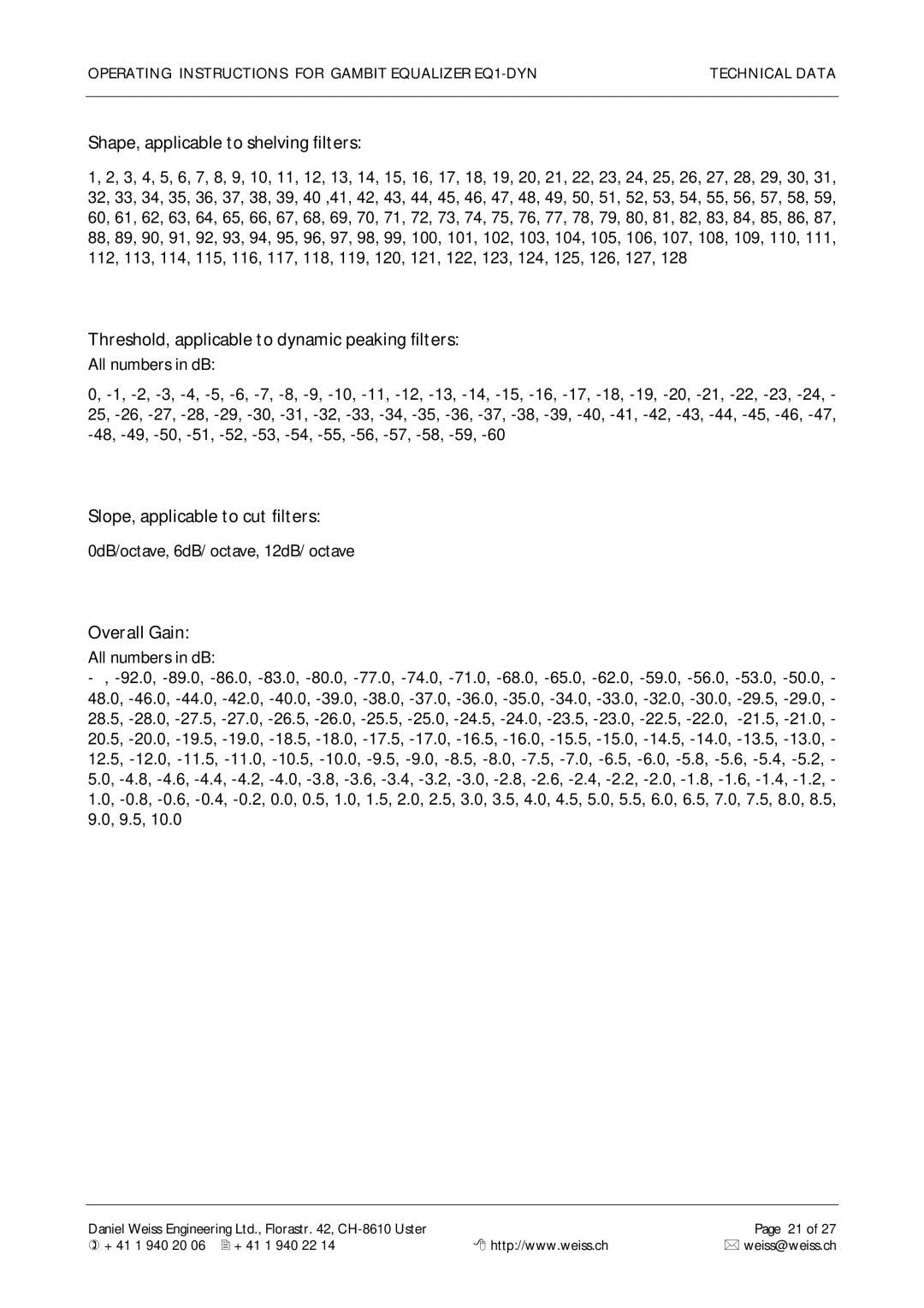 Edelweiss EQ1-DYN Shape, applicable to shelving filters, Threshold, applicable to dynamic peaking filters, Overall Gain 