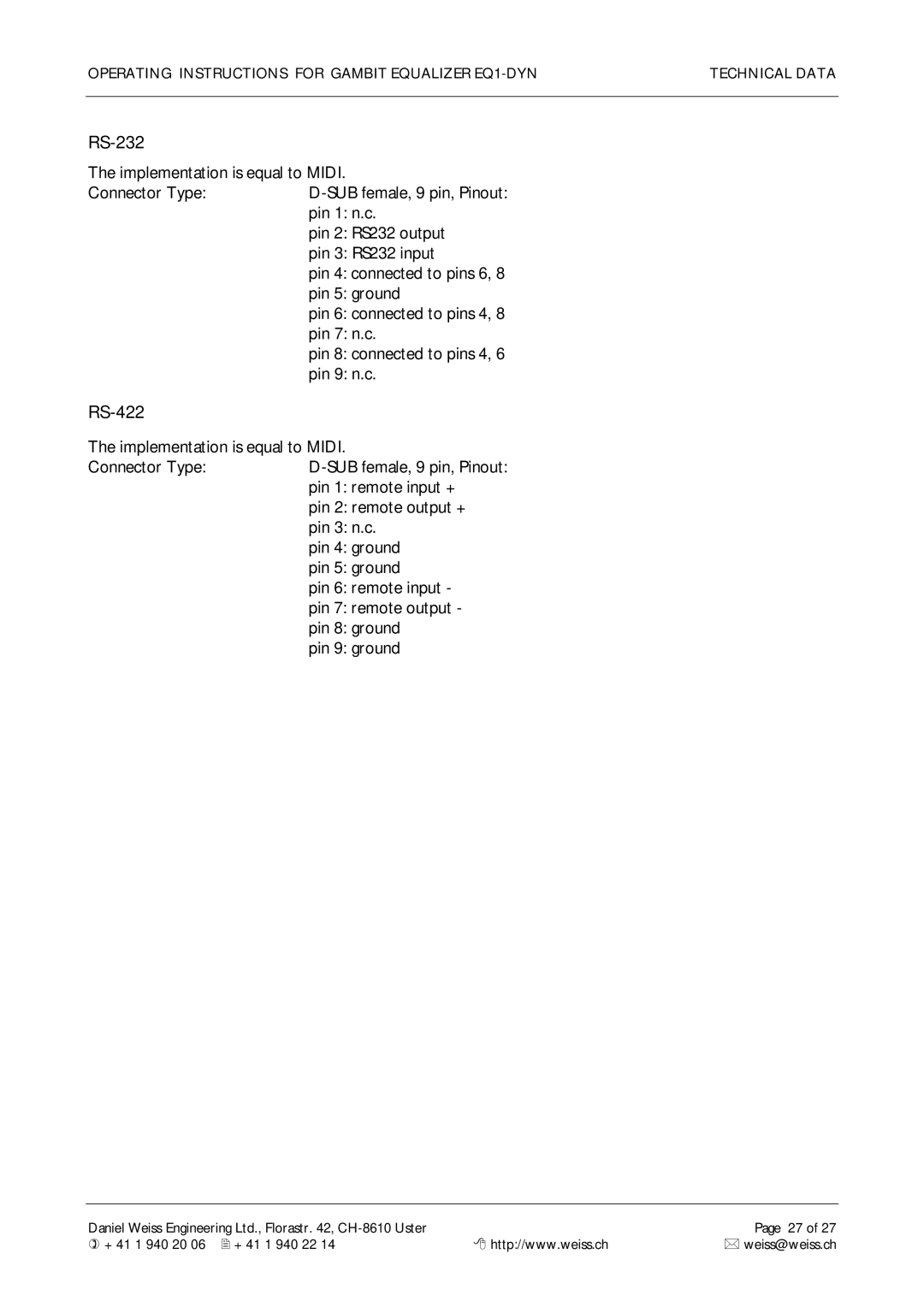 Edelweiss EQ1-DYN manual RS-232, RS-422 