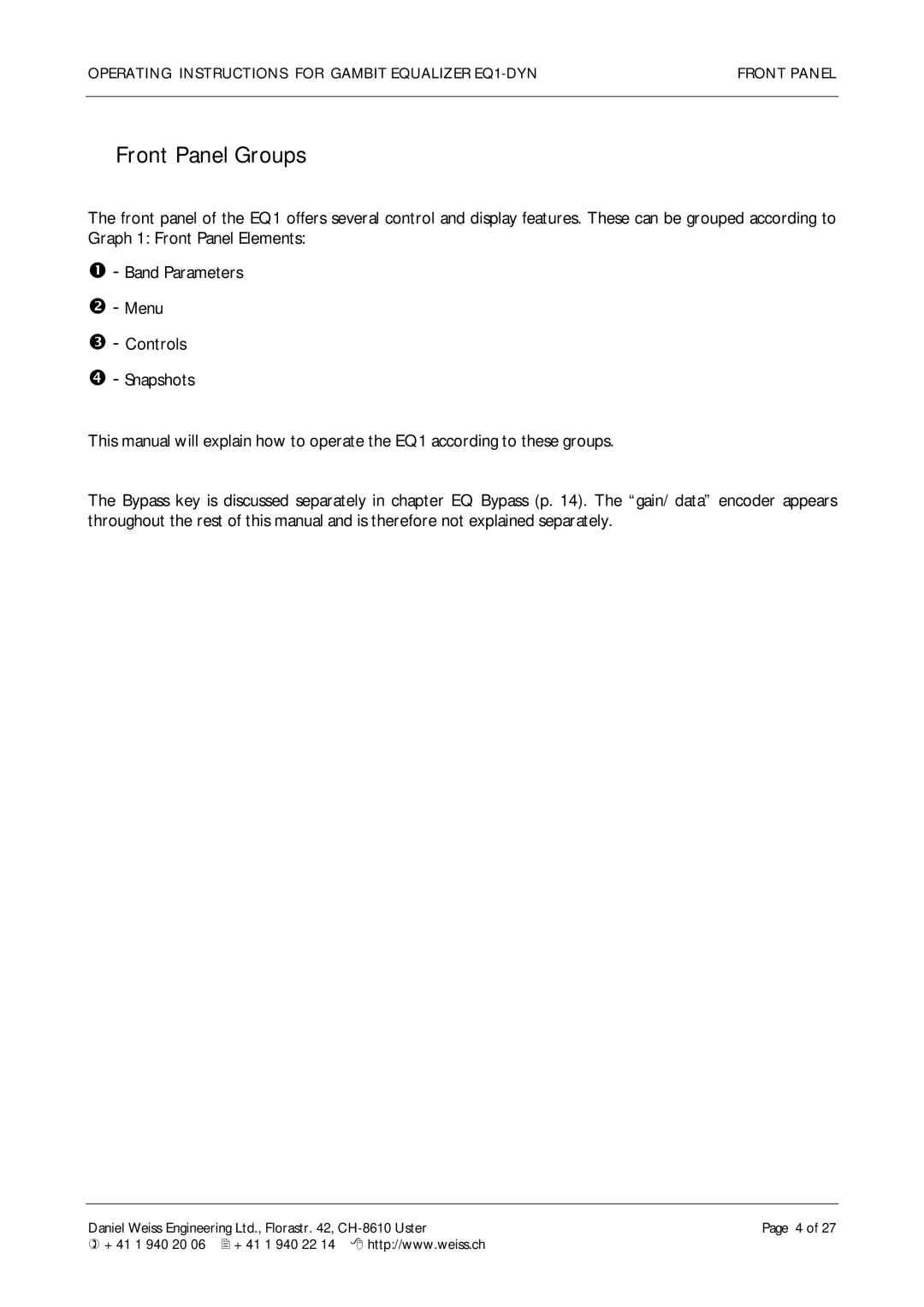 Edelweiss EQ1-DYN manual Front Panel Groups 