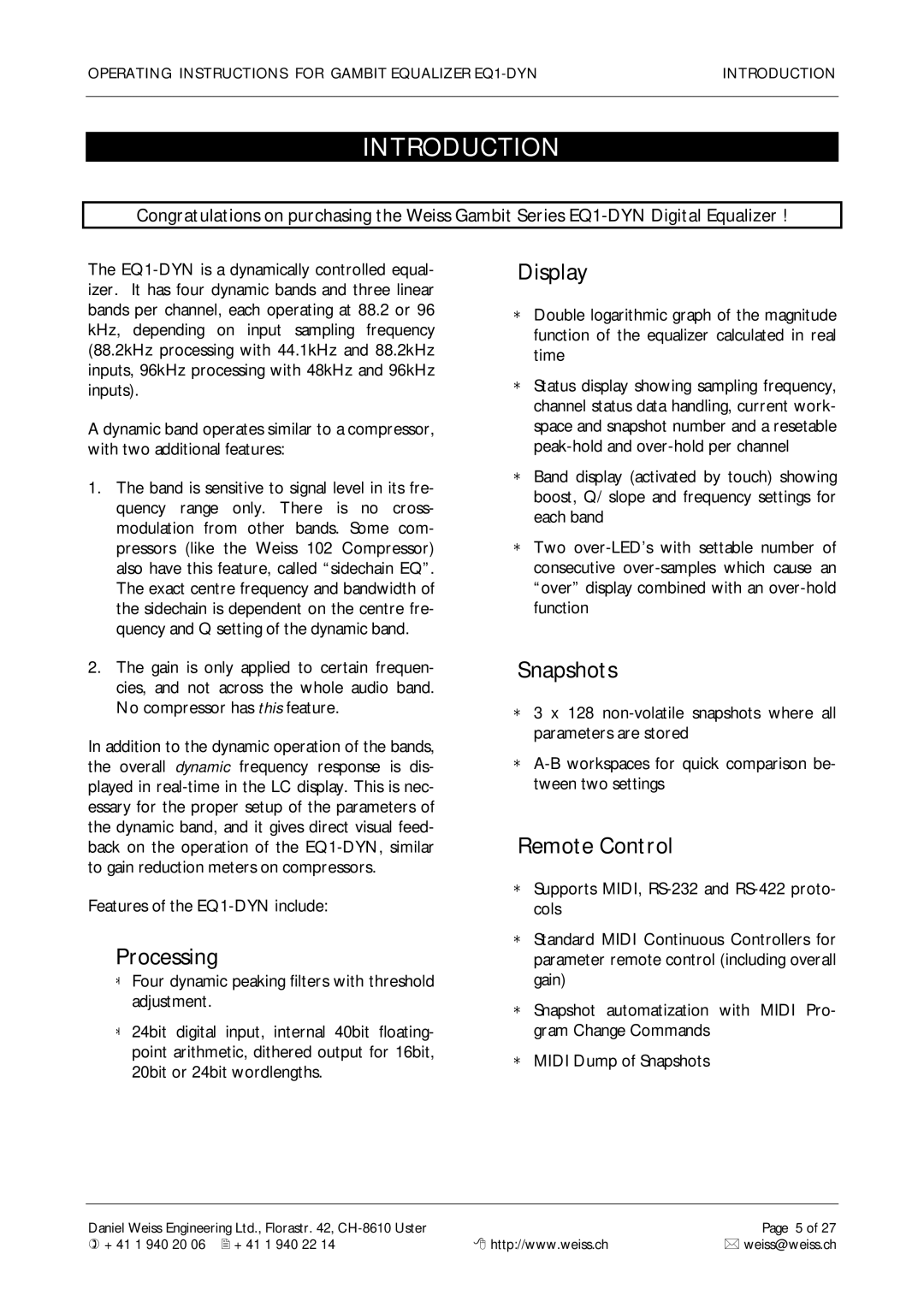 Edelweiss EQ1-DYN manual Introduction, Processing, Display, Snapshots, Remote Control 