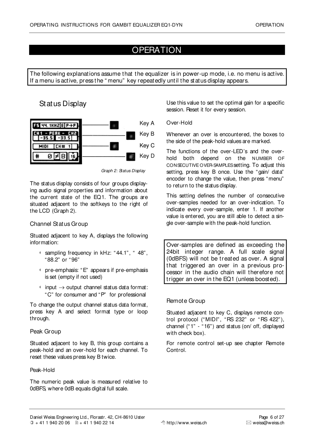 Edelweiss EQ1-DYN manual Operation, Status Display, Channel Status Group, Peak Group, Remote Group 