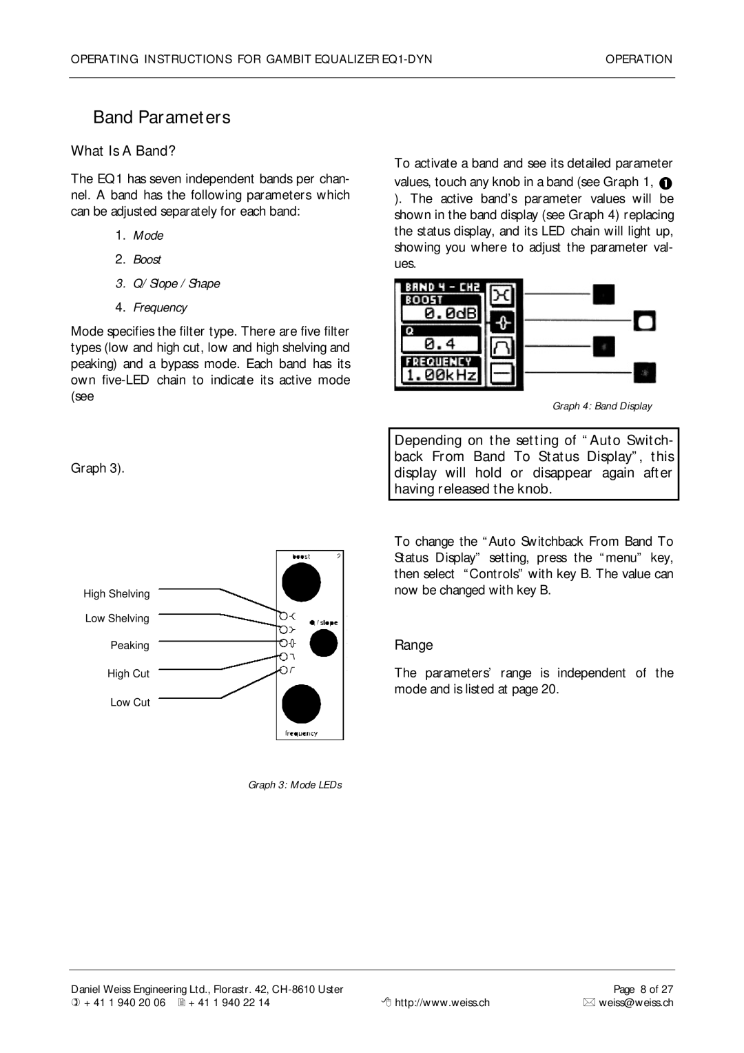 Edelweiss EQ1-DYN manual Band Parameters, What Is a Band?, Range 