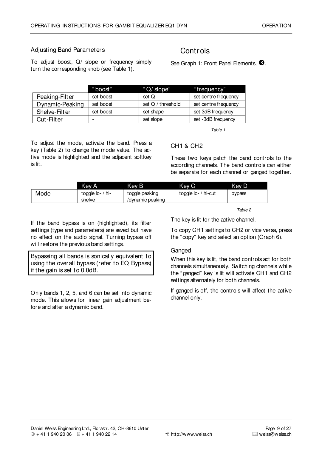 Edelweiss EQ1-DYN manual Controls 