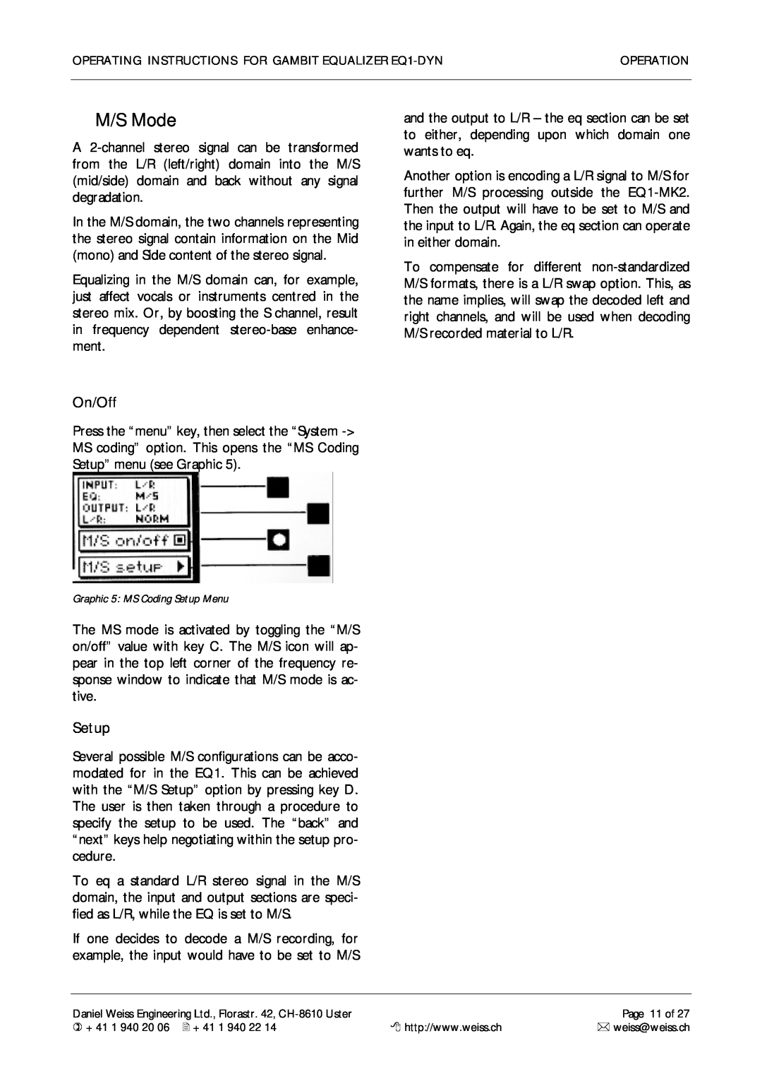 Edelweiss EQ1-DYN manual M/S Mode, On/Off, Setup 
