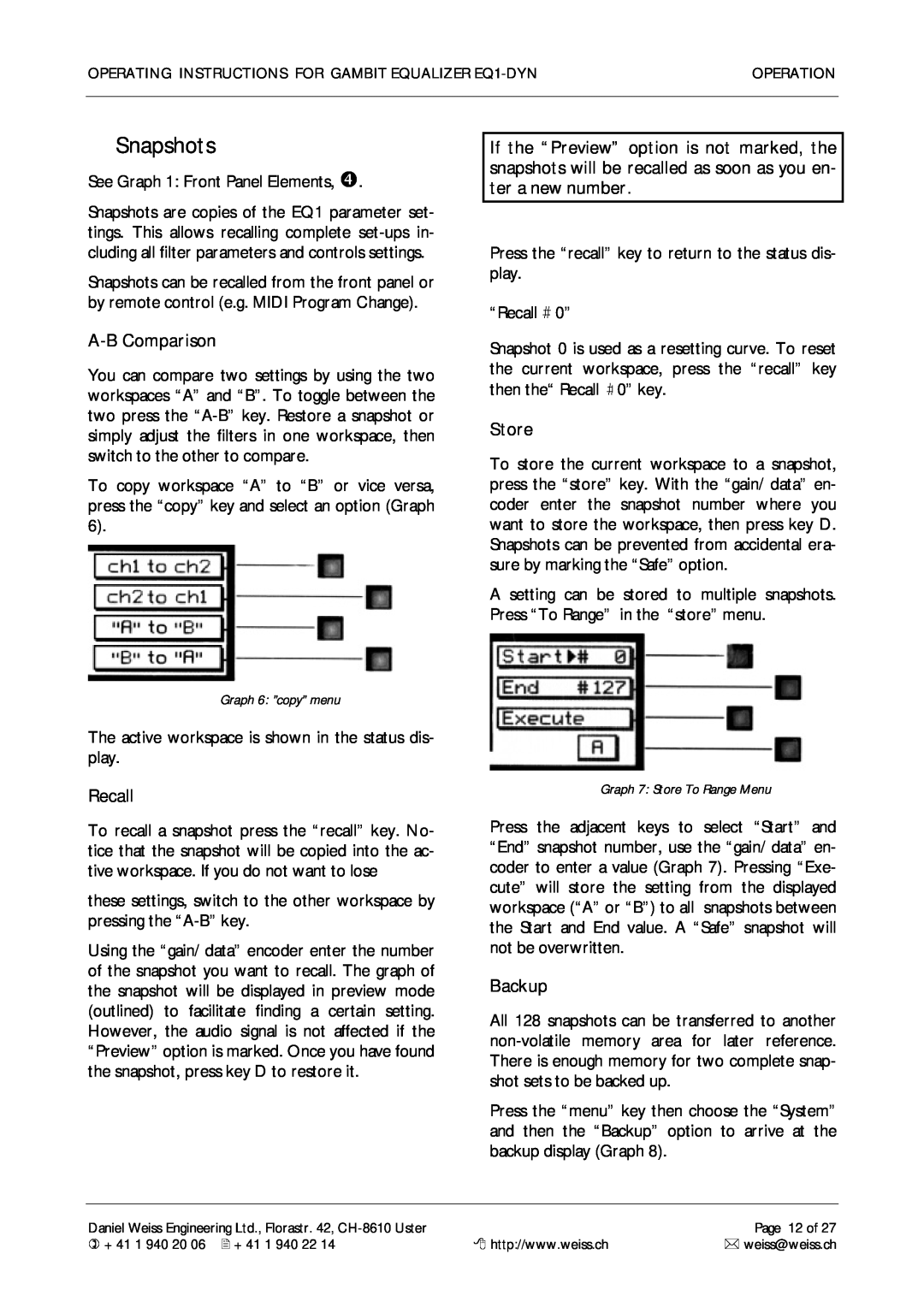 Edelweiss EQ1-DYN manual A-B Comparison, Recall, Store, Backup, Snapshots 