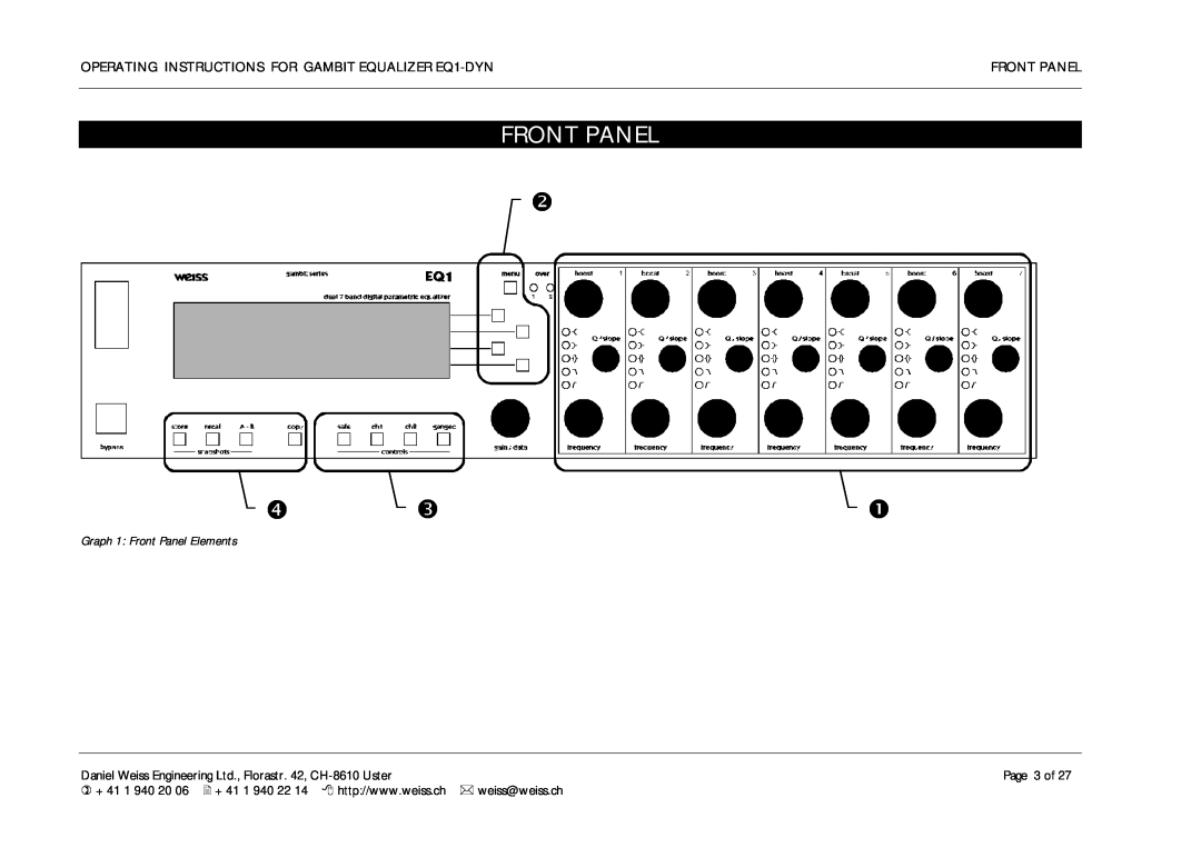 Edelweiss manual OPERATING INSTRUCTIONS FOR GAMBIT EQUALIZER EQ1-DYN, Graph 1 Front Panel Elements, weiss@weiss.ch 