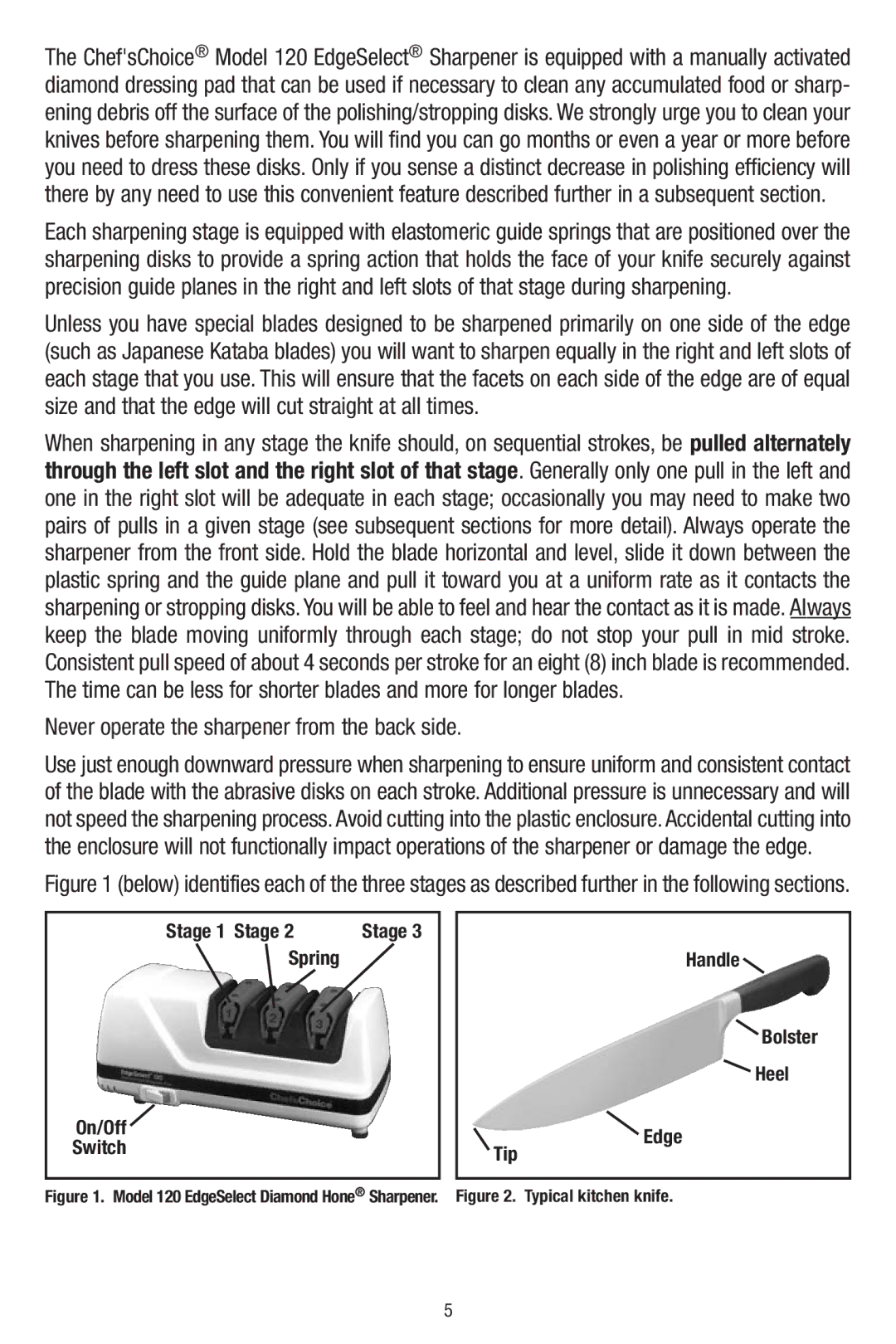 Edge Craft 120 manual Never operate the sharpener from the back side 